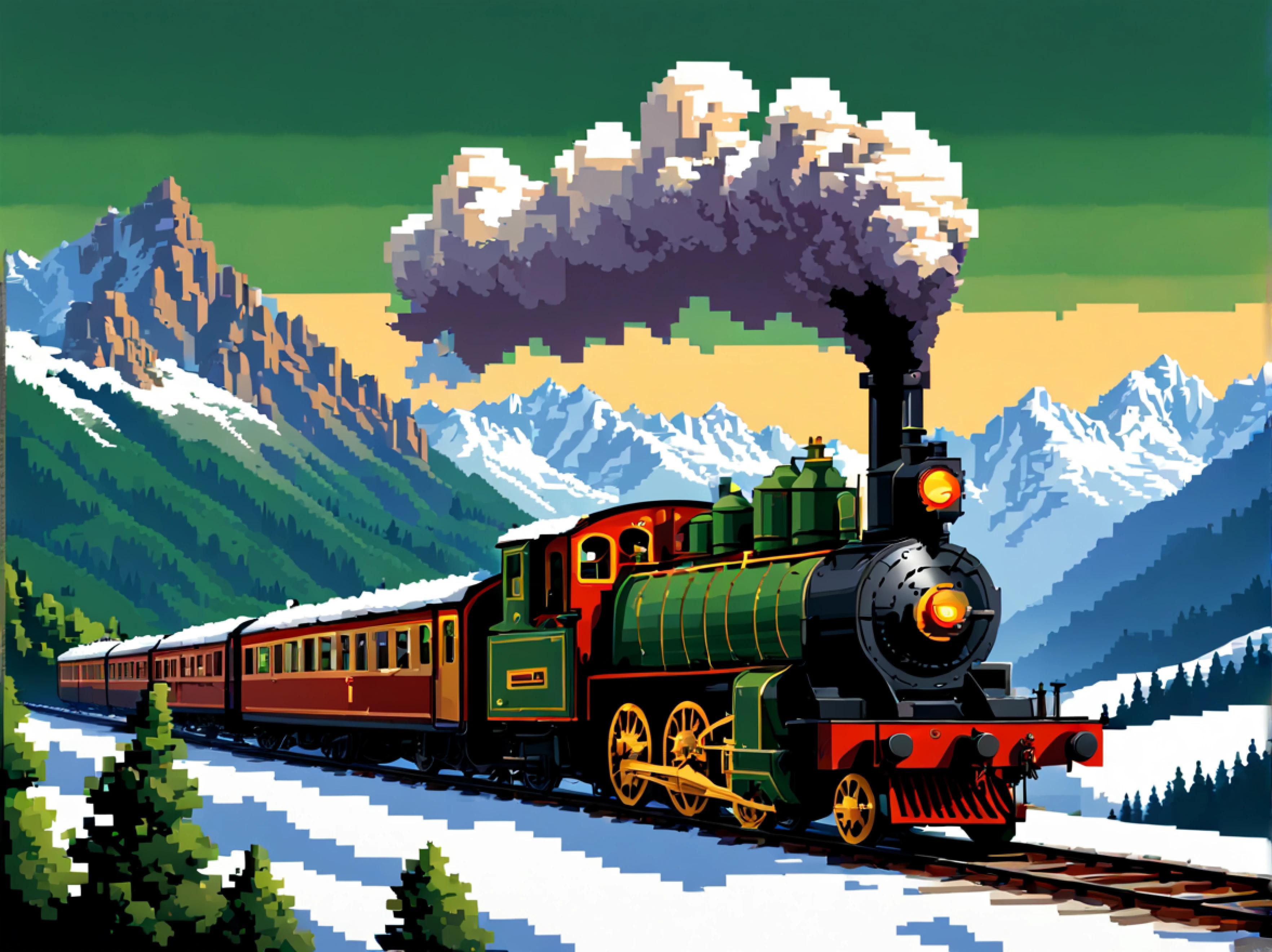 (pixel art:1.3), (side view:1.3), vivid scene of a vintage steam locomotive as it gracefully cuts through the picturesque landscapes of the Alps in the early 1900s, showcase the train's elongated body adorned with intricate details, its wheels spinning rhythmically as it gains speed on the winding tracks, let the majestic Alps loom in the background, their snow-capped peaks and lush green valleys providing a breathtaking contrast to the mechanical marvel that is the steam train, encapsulate the nostalgia and sense of adventure that characterized the era, the sun's golden rays dance upon the polished metal surfaces, breathing life into this timeless scene, capturing the essence of a bygone era