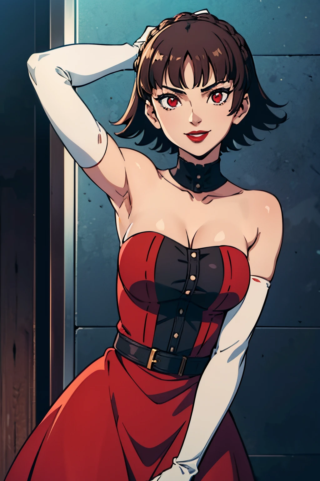 makoto nijima, blunt bangs, braid, brown hair, crown braid, (red eyes:1.3), short hair,, red, dress, strapless dress, long white elbow gloves, smile, red lipstick,light blue eye shadow, makeup, putting gloves on up to her shoulder