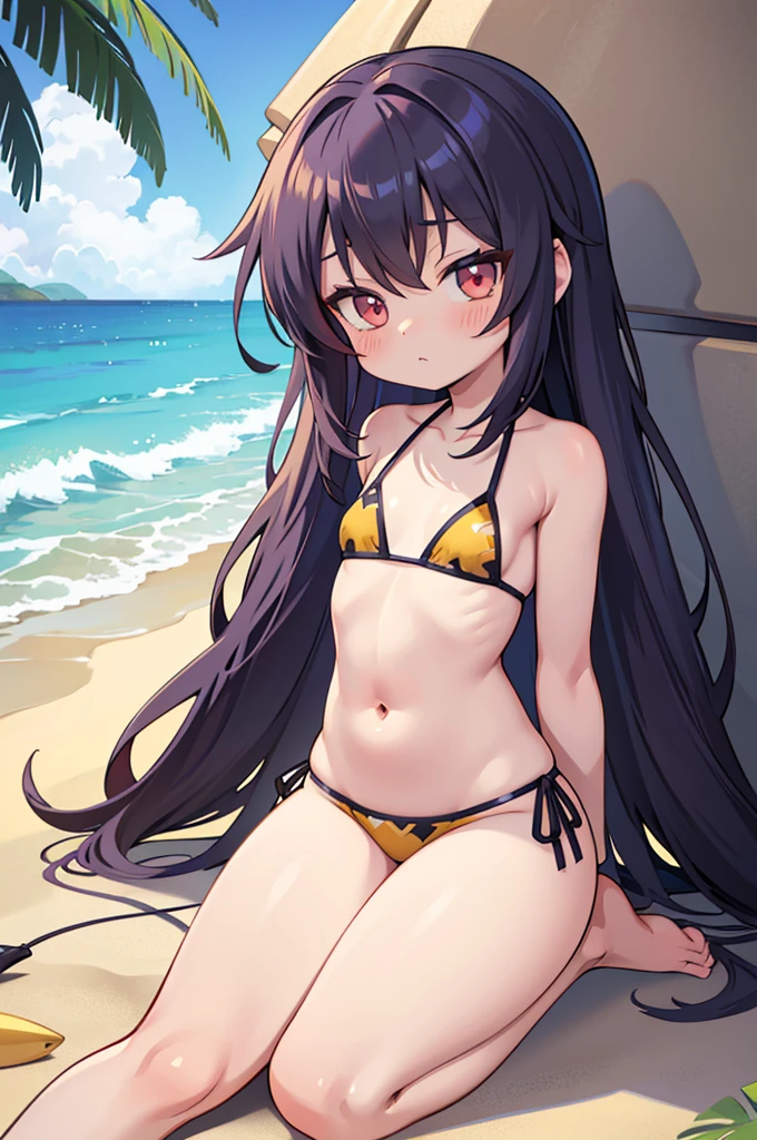 in a bikini、, Gormo Adray Grimdak, Anime cute art style, Gaimoyedre, On the sandy beach, in beach, On the beach, seductive anime girls, Demon anime girl, anime monster girl, realistic bikini, style of anime, small curvaceous loli, oc commission, ECCHI anime style