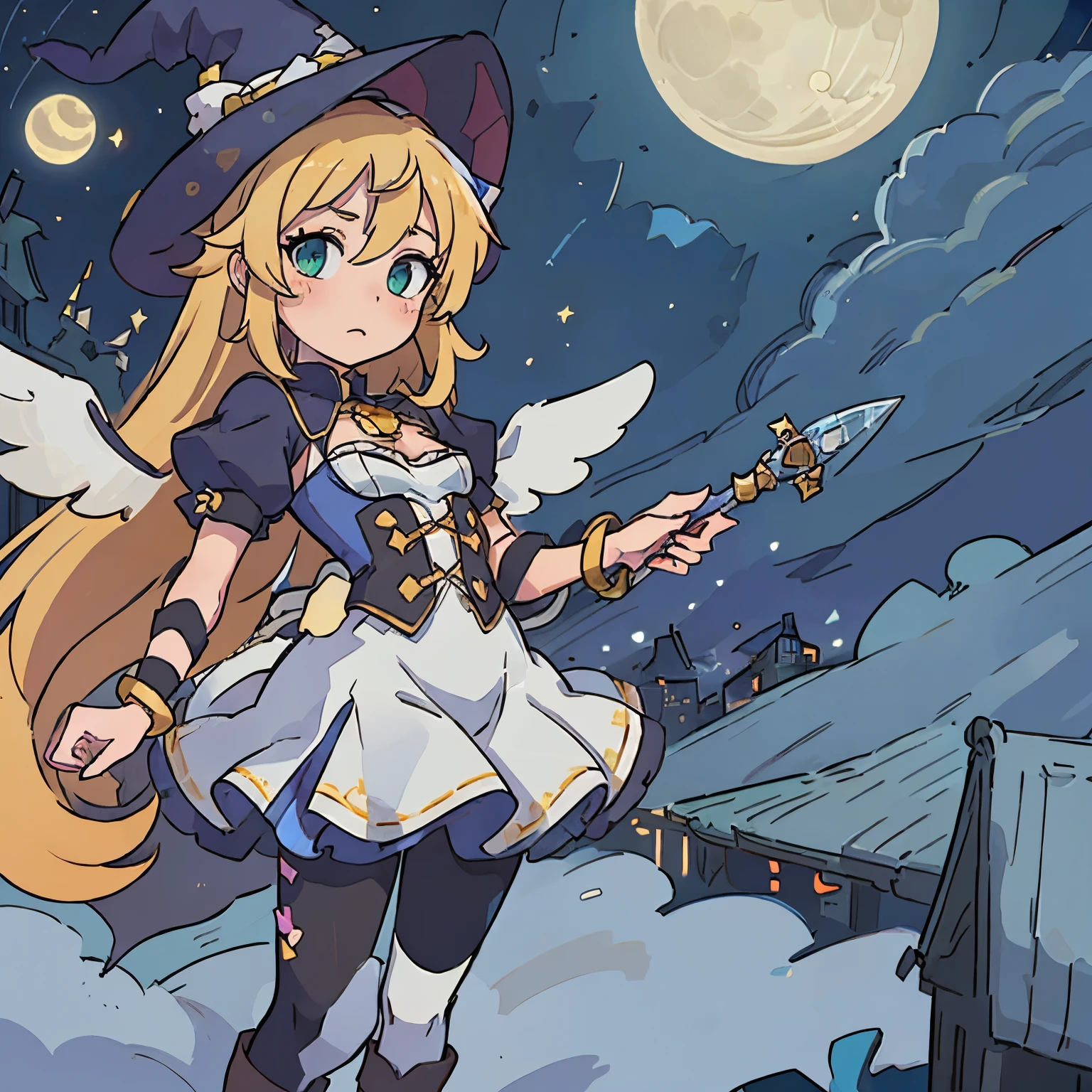 A cute 15 years old magical girl, drawn in anime style, fantastic, bishojo, jade green eyes, very long yellow hair, small breast, witch hat, a cute blue magical dress with puffy sleeves and star pattern, ribbons, pair of small wings on her back, striped black and white pantyhose, silver bracelet, high hell boots, holding a magic wand, standing on top of a skyscraper, big city on horizon, full moon in the starry sky, masterpiece, highly detailed, 4K.