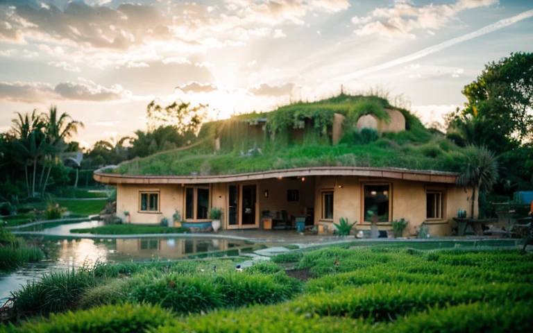 A photograph of a symmetrical contemporary house with (((one waved green roof))) and (((biological pool))) in a tropical backyard, mustard yellow terracota plaster walls (((rustic clay stucco))), ((corner walls rounded)), ((rustic clay plaster)), (((terracotta walls with rounded corners, organic curves))), (((rustic earth plaster, mud))), (((wave-shaped green roof with wooden edge))), (((wooden roof structure, wooden rake, wooden fascia board))), eaves, porch with wooden pillar, ((roof with wooden structure)), In Bali (((Tropical garden))), ((natural houses, organic buildings, organic architecture)), Ecovillage, sustainable architecture, Bioconstruction architecture, solarpunk architecture, (((grass roof, green roof, green wave roof, rounded roof, vegetated roofs))), ((green architecture)), Passive house, (((Rock Foundation))), Clear sky in the background, painful beauty, modern, imposing, green house, ((Bali hobbit Hadid Style)), super resolution, cinematic, color grading, editorial photography, photography, photo shoot, (((dramatic front eye top angle view))), O 50mm, depth of field, intricate details, natural colors, sharp focus, warm light, shutter speed 1/1000, F/22, White Balance, Ray Trace Reflections, Lumen Reflections, Screen Space Reflections, Diffraction Rating, Chromatic Aberration, GB Shift, Partial Lighting, Backlighting, Daylighting, Scan Lines, ambient occlusion, antialiasing, shaders, OpenGL-Shaders, GLSL-Shaders, Post-processing, post-production, shading, tone mapping, incredibly detailed and complex, hypermaximalist, elegant, hyperrealistic, super detailed, dynamic pose, Fujifilm XT