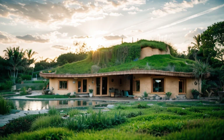 A photograph of a symmetrical contemporary house with (((one waved green roof))) and (((biological pool))) in a tropical backyard, mustard yellow terracota plaster walls (((rustic clay stucco))), ((corner walls rounded)), ((rustic clay plaster)), (((terracotta walls with rounded corners, organic curves))), (((rustic earth plaster, mud))), (((wave-shaped green roof with wooden edge))), (((wooden roof structure, wooden rake, wooden fascia board))), eaves, porch with wooden pillar, ((roof with wooden structure)), In Bali (((Tropical garden))), ((natural houses, organic buildings, organic architecture)), Ecovillage, sustainable architecture, Bioconstruction architecture, solarpunk architecture, (((grass roof, green roof, green wave roof, rounded roof, vegetated roofs))), ((green architecture)), Passive house, (((Rock Foundation))), Clear sky in the background, painful beauty, modern, imposing, green house, ((Bali hobbit Hadid Style)), super resolution, cinematic, color grading, editorial photography, photography, photo shoot, (((dramatic front eye top angle view))), O 50mm, depth of field, intricate details, natural colors, sharp focus, warm light, shutter speed 1/1000, F/22, White Balance, Ray Trace Reflections, Lumen Reflections, Screen Space Reflections, Diffraction Rating, Chromatic Aberration, GB Shift, Partial Lighting, Backlighting, Daylighting, Scan Lines, ambient occlusion, antialiasing, shaders, OpenGL-Shaders, GLSL-Shaders, Post-processing, post-production, shading, tone mapping, incredibly detailed and complex, hypermaximalist, elegant, hyperrealistic, super detailed, dynamic pose, Fujifilm XT