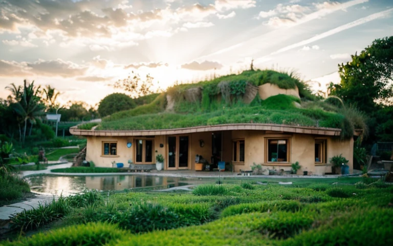 A photograph of a symmetrical contemporary house with (((one waved green roof))) and (((biological pool))) in a tropical backyard, mustard yellow terracota plaster walls (((rustic clay stucco))), ((corner walls rounded)), ((rustic clay plaster)), (((terracotta walls with rounded corners, organic curves))), (((rustic earth plaster, mud))), (((wave-shaped green roof with wooden edge))), (((wooden roof structure, wooden rake, wooden fascia board))), eaves, porch with wooden pillar, ((roof with wooden structure)), In Bali (((Tropical garden))), ((natural houses, organic buildings, organic architecture)), Ecovillage, sustainable architecture, Bioconstruction architecture, solarpunk architecture, (((grass roof, green roof, green wave roof, rounded roof, vegetated roofs))), ((green architecture)), Passive house, (((Rock Foundation))), Clear sky in the background, painful beauty, modern, imposing, green house, ((Bali hobbit Hadid Style)), super resolution, cinematic, color grading, editorial photography, photography, photo shoot, (((dramatic front eye top angle view))), O 50mm, depth of field, intricate details, natural colors, sharp focus, warm light, shutter speed 1/1000, F/22, White Balance, Ray Trace Reflections, Lumen Reflections, Screen Space Reflections, Diffraction Rating, Chromatic Aberration, GB Shift, Partial Lighting, Backlighting, Daylighting, Scan Lines, ambient occlusion, antialiasing, shaders, OpenGL-Shaders, GLSL-Shaders, Post-processing, post-production, shading, tone mapping, incredibly detailed and complex, hypermaximalist, elegant, hyperrealistic, super detailed, dynamic pose, Fujifilm XT