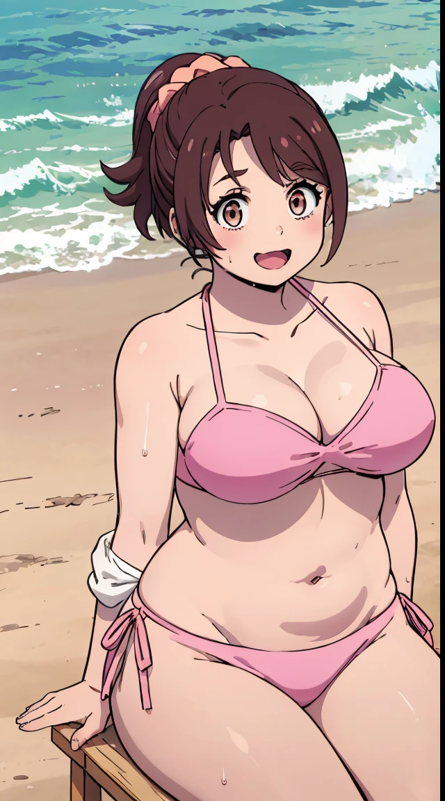 (anime screen cap,Anime cel drawing style:1.2), Breast Focus,Manga style,Brown hair, Brown eyes, Ponytail, Scrunchie, Short hair, Anime coloring, 1girl in, hair scrunchie,Cowboy Shot,(Beach:1.3),(PINK Bikini:1.5),(open towel:1.4),(Happy smile),cleavage of the breast,(Large breasts),(Wet:1.3),(chubby),(sitting on),Blast Lift,Opening Mouth,Looking at Viewer