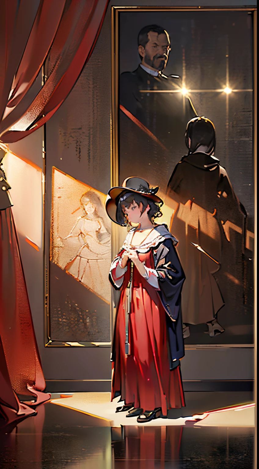(best quality,4k,8k,highres,masterpiece:1.2),ultra-detailed,(realistic,photorealistic,photo-realistic:1.37),dark background,masterpiece,dark environment,sunlight filtering through darkness,beautifully lit,interior of an art gallery,red velvet curtain,giant portrait hanging on the wall,a person standing in front of the portrait,admiring the artwork