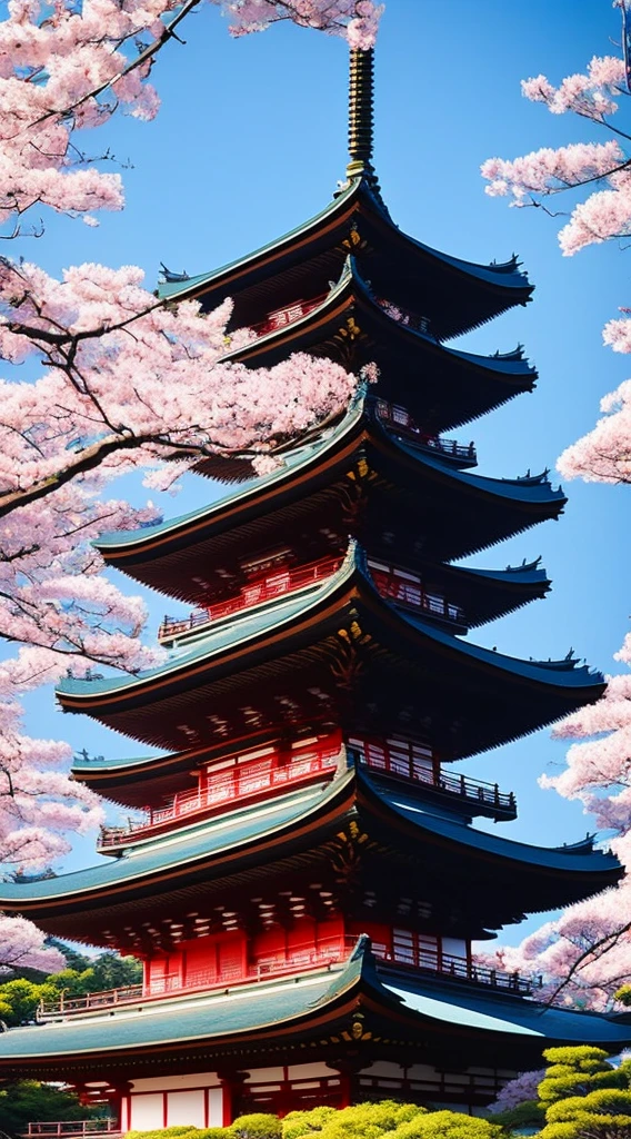 1 Japanese pagoda in a forest surrounded by cherry blossoms, masterpiece