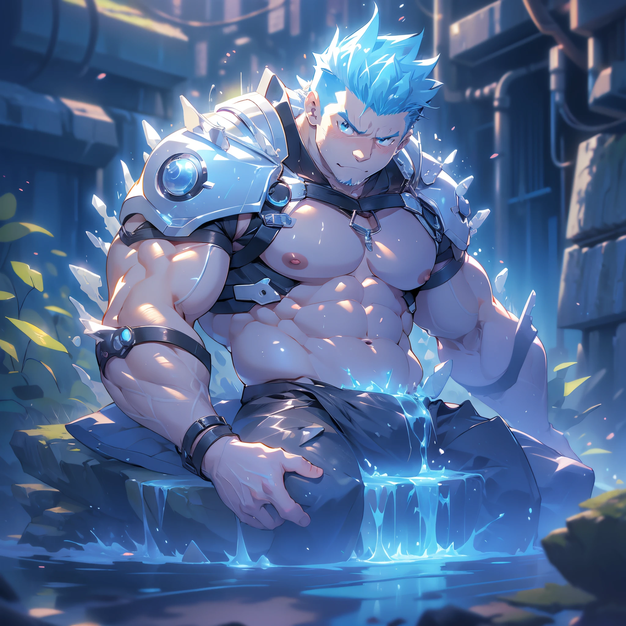 archaeological floating metalic black dungeon circuit lights effects, skyrocket rocks ground covered moss, undercut, faux hawk, icy blue hair, manly kawaii moe babyface seeker rescue pull-ups to show hairless armpit, futuristic robotics tactical worrier suits and boots on shirtless muscular creamy body, majestically straddling huge shaft of manhood, elevate skyrocketing crotch, elevate buttocks, muscular manly alpha male stretch board legs, meaty thigh, trending on pixiv, high resolution kawaii moe anime 8K
