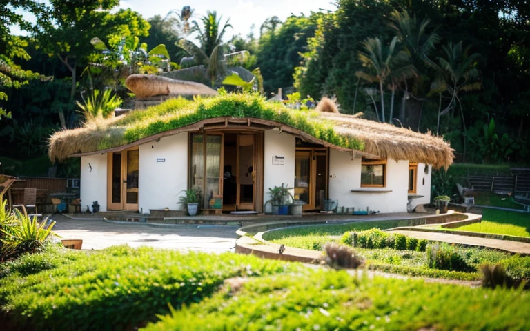 A photograph of a symmetrical contemporary house with (((one waved green roof))) and (((biological pool))) in a tropical backyard, mustard yellow terracota plaster walls (((rustic clay stucco))), ((corner walls rounded)), ((rustic clay plaster)), (((terracotta walls with rounded corners, organic curves))), (((rustic earth plaster, mud))), (((wave-shaped green roof with wooden edge))), (((wooden roof structure, wooden rake, wooden fascia board))), eaves, porch with wooden pillar, ((roof with wooden structure)), In Bali (((Tropical garden))), ((natural houses, organic buildings, organic architecture)), Ecovillage, sustainable architecture, Bioconstruction architecture, solarpunk architecture, (((grass roof, green roof, green wave roof, rounded roof, vegetated roofs))), ((green architecture)), Passive house, (((Rock Foundation))), Clear sky in the background, painful beauty, modern, imposing, green house, ((Bali hobbit Hadid Style)), super resolution, cinematic, color grading, editorial photography, photography, photo shoot, (((dramatic front eye top angle view))), O 50mm, depth of field, intricate details, natural colors, sharp focus, warm light, shutter speed 1/1000, F/22, White Balance, Ray Trace Reflections, Lumen Reflections, Screen Space Reflections, Diffraction Rating, Chromatic Aberration, GB Shift, Partial Lighting, Backlighting, Daylighting, Scan Lines, ambient occlusion, antialiasing, shaders, OpenGL-Shaders, GLSL-Shaders, Post-processing, post-production, shading, tone mapping, incredibly detailed and complex, hypermaximalist, elegant, hyperrealistic, super detailed, dynamic pose, Fujifilm XT