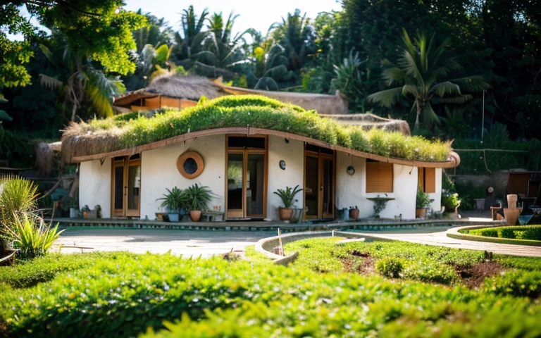 A photograph of a symmetrical contemporary house with (((one waved green roof))) and (((biological pool))) in a tropical backyard, mustard yellow terracota plaster walls (((rustic clay stucco))), ((corner walls rounded)), ((rustic clay plaster)), (((terracotta walls with rounded corners, organic curves))), (((rustic earth plaster, mud))), (((wave-shaped green roof with wooden edge))), (((wooden roof structure, wooden rake, wooden fascia board))), eaves, porch with wooden pillar, ((roof with wooden structure)), In Bali (((Tropical garden))), ((natural houses, organic buildings, organic architecture)), Ecovillage, sustainable architecture, Bioconstruction architecture, solarpunk architecture, (((grass roof, green roof, green wave roof, rounded roof, vegetated roofs))), ((green architecture)), Passive house, (((Rock Foundation))), Clear sky in the background, painful beauty, modern, imposing, green house, ((Bali hobbit Hadid Style)), super resolution, cinematic, color grading, editorial photography, photography, photo shoot, (((dramatic front eye top angle view))), O 50mm, depth of field, intricate details, natural colors, sharp focus, warm light, shutter speed 1/1000, F/22, White Balance, Ray Trace Reflections, Lumen Reflections, Screen Space Reflections, Diffraction Rating, Chromatic Aberration, GB Shift, Partial Lighting, Backlighting, Daylighting, Scan Lines, ambient occlusion, antialiasing, shaders, OpenGL-Shaders, GLSL-Shaders, Post-processing, post-production, shading, tone mapping, incredibly detailed and complex, hypermaximalist, elegant, hyperrealistic, super detailed, dynamic pose, Fujifilm XT