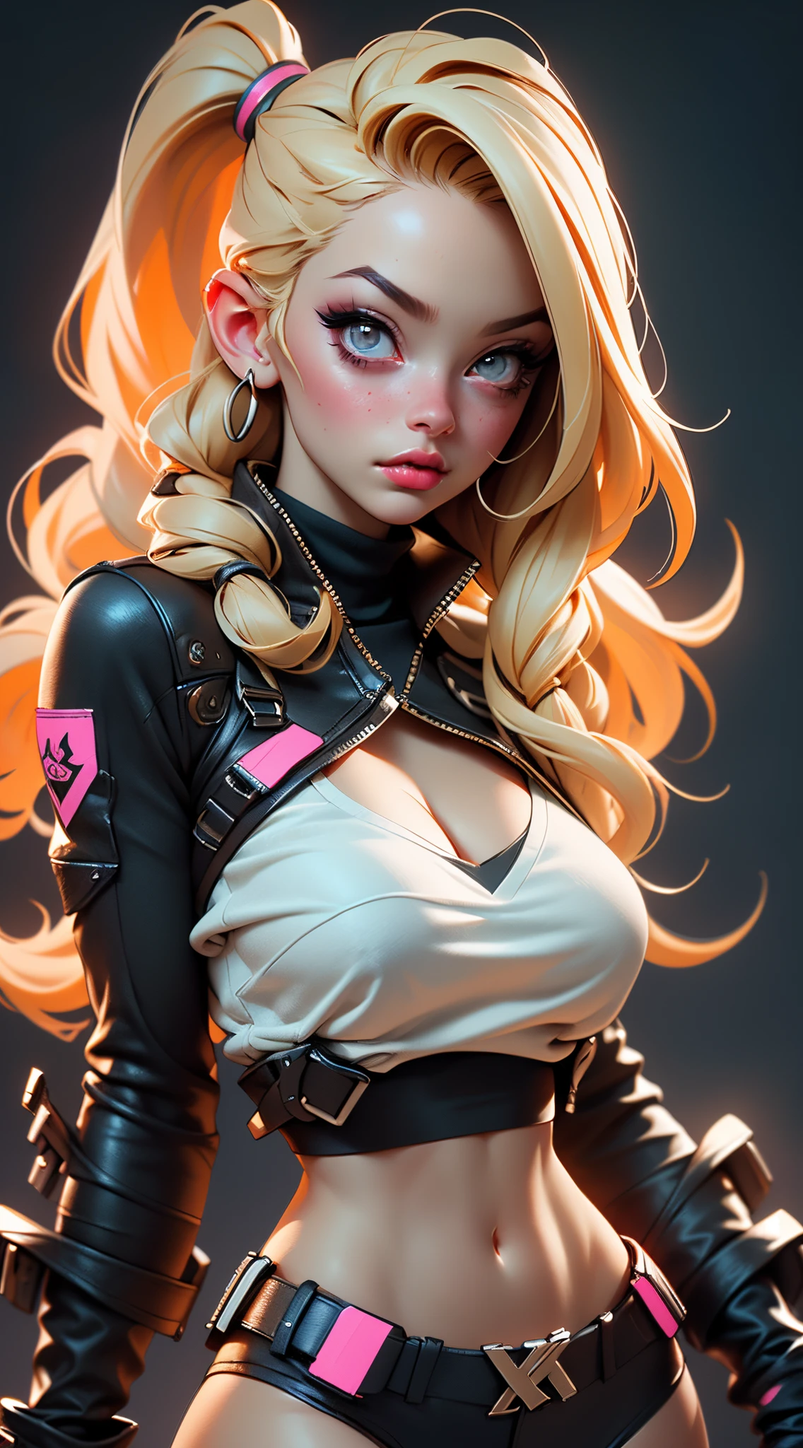 ((Best Quality, best resolution, award-winning portrait, official art)), ((perfect Masterpiece)), ((Realistic)) and ultra-detailed photography of a 1nerdy cyberpunk girl with goth and post apocalyptic colors. She has ((long blonde hair)), wears a (Harajuku-inspired cyberpunk tech-wear top) and a (Harajuku-inspired cyberpunk tech-wear bottom:1.2) , ((the most beautiful and sexy aesthetic)), sexy, super huge enormously gigantic tits, cleavage showing, hot, sexy, seductive, slutty