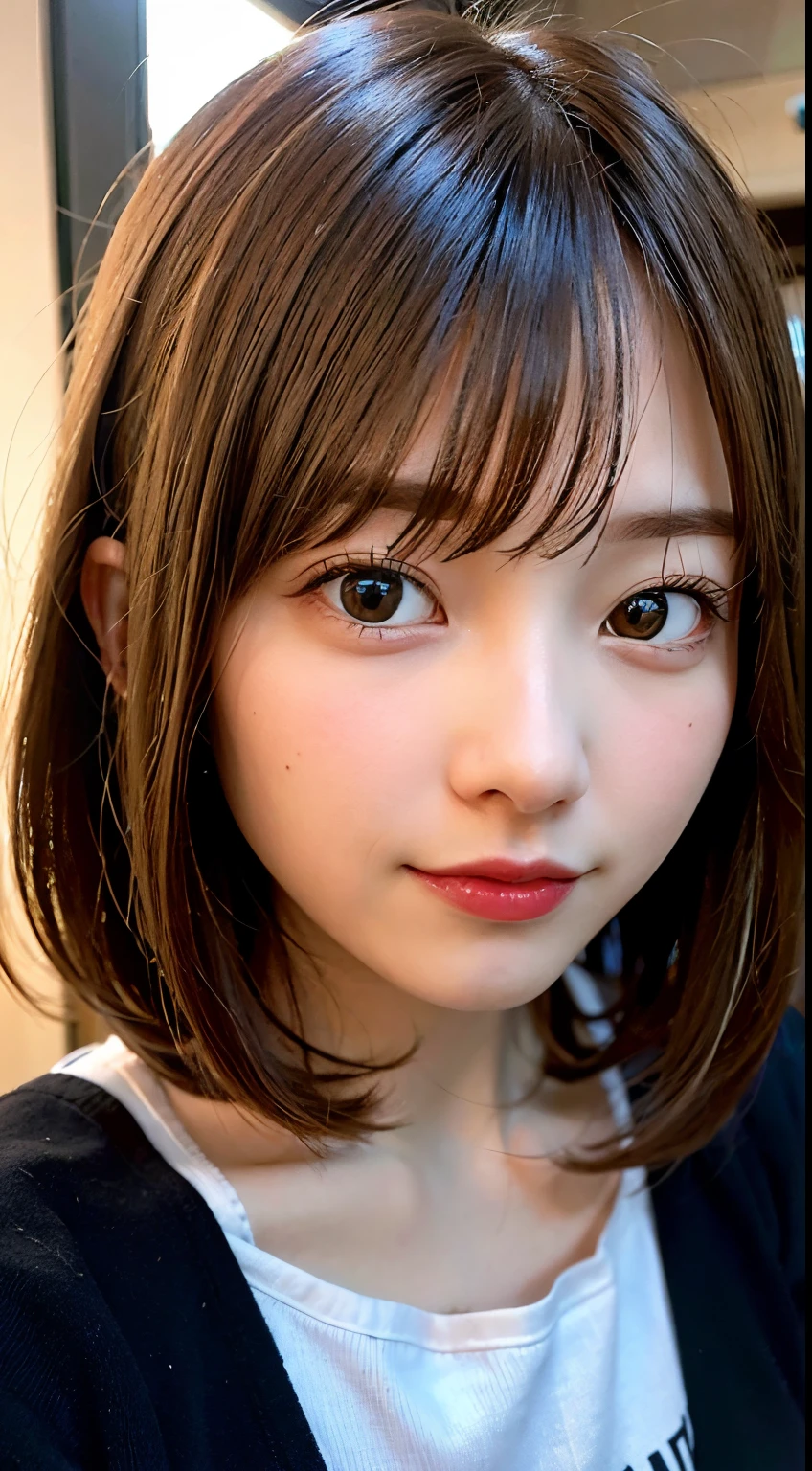 masutepiece, Best Quality, 8K, 8years old, , Raw photo, absurderes, award winning portrait, Smile, Solo, Idol face, Delicate girl, Upper body, Digital SLR, Looking at Viewer, Candid, Sophisticated,Thin arms, Professional Lighting, Film grain, chromatic abberation, (Eyes and faces with detailed:1.0), (Bokeh:1.1) , (Neat and sheer nightgown:1.1) , closes mouth , A dark-haired , drooing eyes , large full breasts , (Thick lip:1.2) , 15-year-old face , red-lips , de pele branca