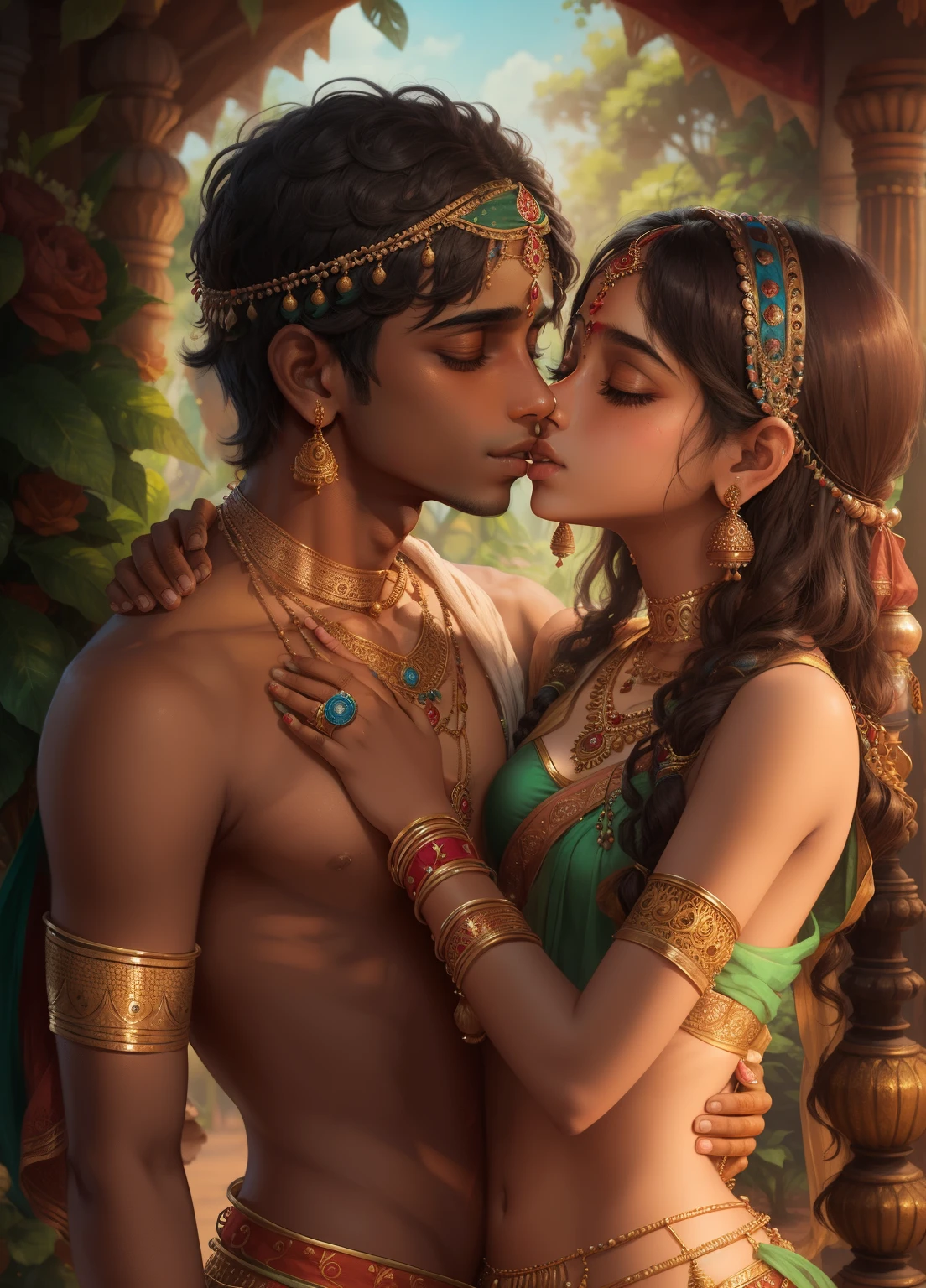 duo, where  young Krishna, and Radha with her fair skin wearing jewelry, in nature, soft colors, depth of field, correct anatomy,  aggressively making out, very sexy clothes, nsfw, kissing on neck passionately