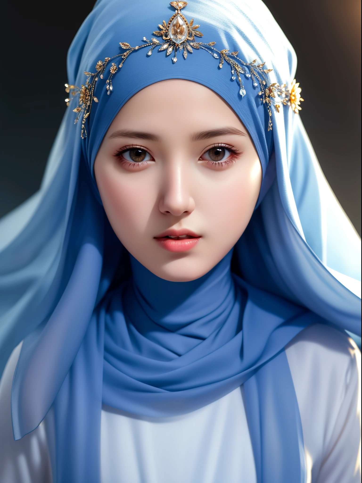 best quality, masterpiece, highres, moslem female dress, necklace, Beautiful face, upon body from head to waist, tyndall effect, photorealistic, dark studio, rim lighting, two tone lighting, 8k uhd, dslr, soft lighting, high quality, volumetric lighting, candid, Photograph, high resolution, 4k, 8k, Bokeh, (hyperrealistic girl), (illustration), (high resolution), (extremely detailed), (best illustration), (beautiful detailed eyes), (best quality), (ultra-detailed), (masterpiece), (wallpaper), (photorealistic), (natural light), (rim lighting), (detailed face), (high detailed realistic skin texture), (anatomically correct), (solo), (1 girl), (heterochromic eyes), (detailed eyes), (sparkling eyes), (long legs), (big breasts), (dynamic pose), (closed tiny mouth:1.3), (concentrated expression), (wearing hijab:1.4), moslem headscarf.