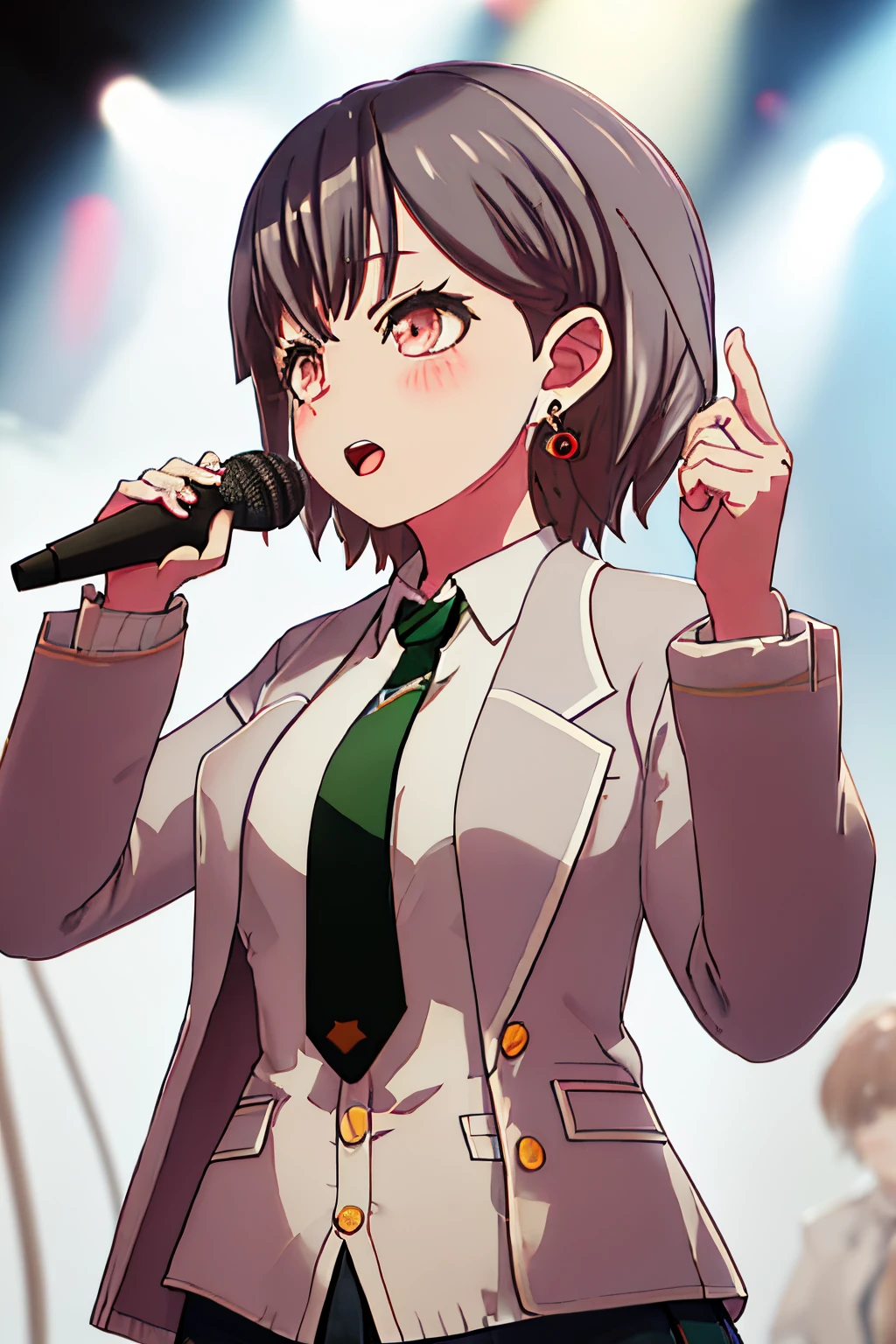 best quality, masterpiece, highres, solo, {takamatsu_tomori_bangdreamitsmygo:1.15}, short_hair, blush, bangs, necktie, blazer, upper_body, brown_eyes, black_hair, 1girl, earrings, holding, holding_microphone, jewelry, microphone, music, open_mouth, shirt, singing, collared_shirt, jacket, long_sleeves, hair_behind_ear, white_shirt, red_eyes