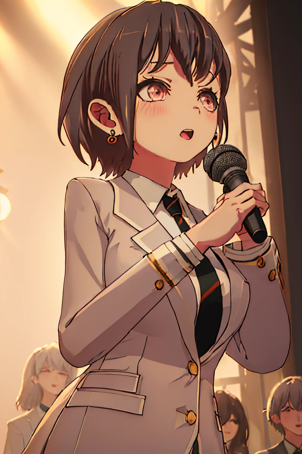 best quality, masterpiece, highres, solo, {takamatsu_tomori_bangdreamitsmygo:1.15}, short_hair, blush, bangs, necktie, blazer, upper_body, brown_eyes, black_hair, 1girl, earrings, holding, holding_microphone, jewelry, microphone, music, open_mouth, shirt, singing, collared_shirt, jacket, long_sleeves, hair_behind_ear, white_shirt, red_eyes