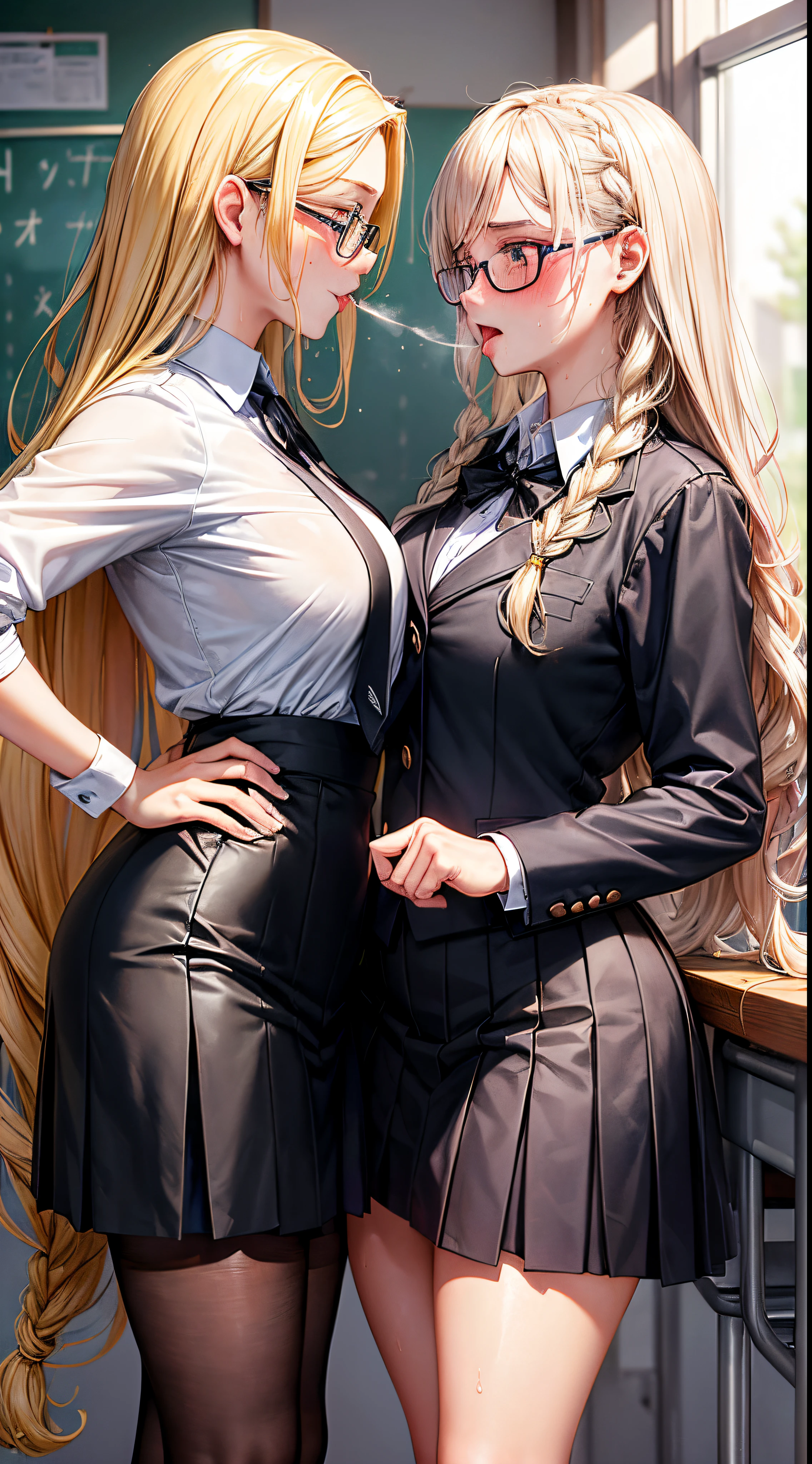 	2girls ass blonde_hair breasts dat_ass female female_only hi_res huge_ass indoors light-skinned_female light_skin long_hair niliu_chahui original original_character school_uniform  tokisaki_asaba tokisaki_mio white_hair yuri