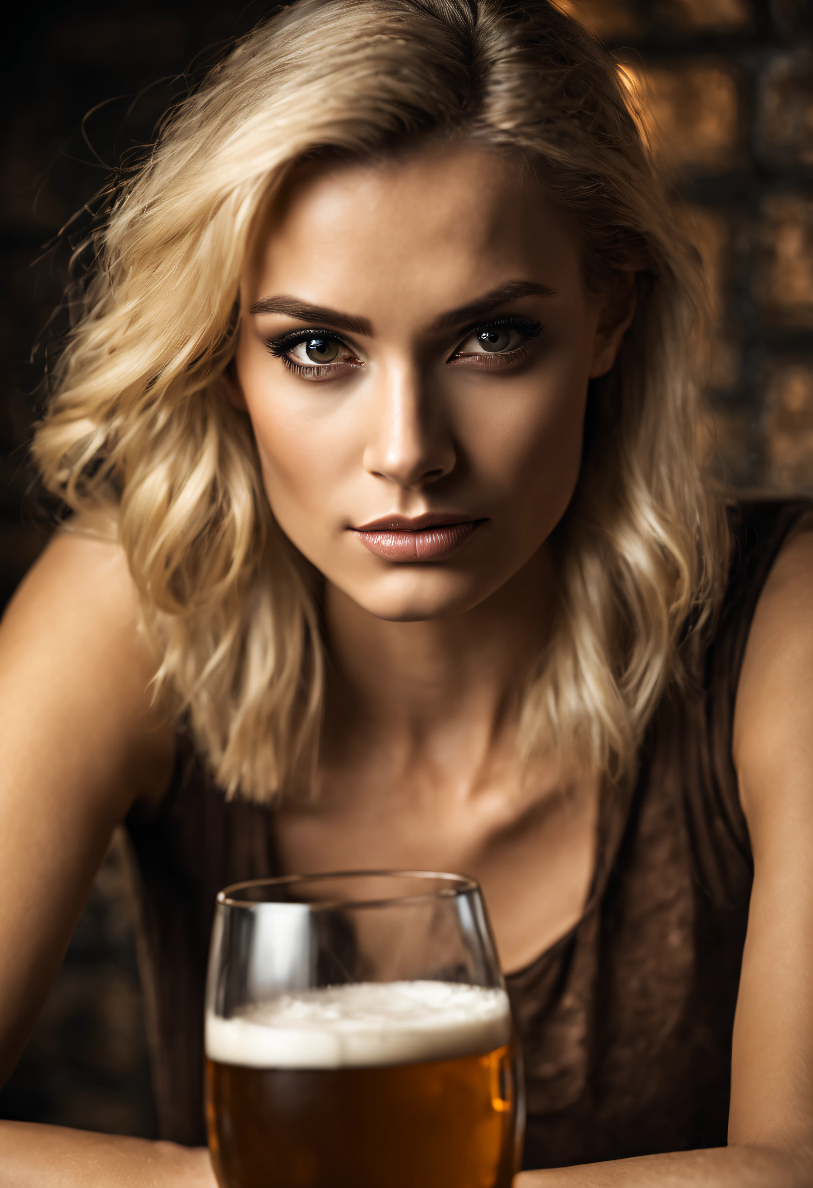 sharp focus, 16K digital photo of blonde Greek woman in a brown top posing for a picture, photography portrait, fashion portrait photo, dark atmosphere stone wall tavern, detailed eyes, face and skin, glass tankard of ale on her table, (subsurface scattering:0.7)