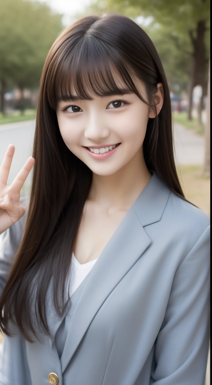 One beautiful young woman、A dark-haired、With bangs、white one peace、hiquality、A hyper-realistic、healthy、Smiling expression、Slender perfect figure、Japan beauties、beautidful eyes、face perfect、Beautiful skin、a park、Reader Model、Pupils、college girls、sexy beautiful figure、