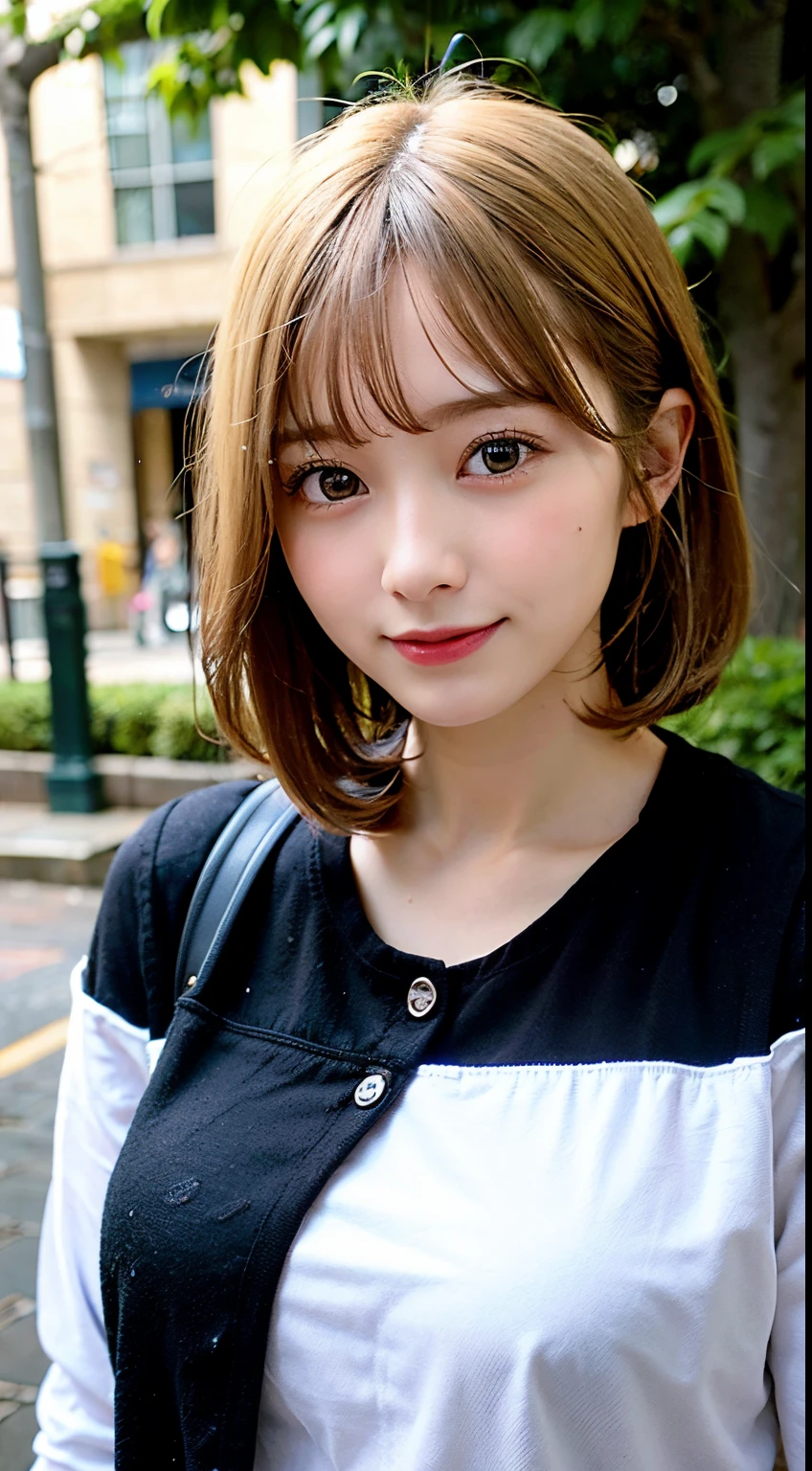 (8K, Raw photo:1.2), Detailed face and eyes,Best Quality, 超A high resolution, Highly detailed ,intricate detailes ,masutepiece ,Cute Girl , Soft cinematic light, Hyper-detailing,Sharp Focus, High quality, Blonde hair, bob cuts, tits out, Get wet in the rain, Rain, Clothes get wet, Hair gets wet, sodden
