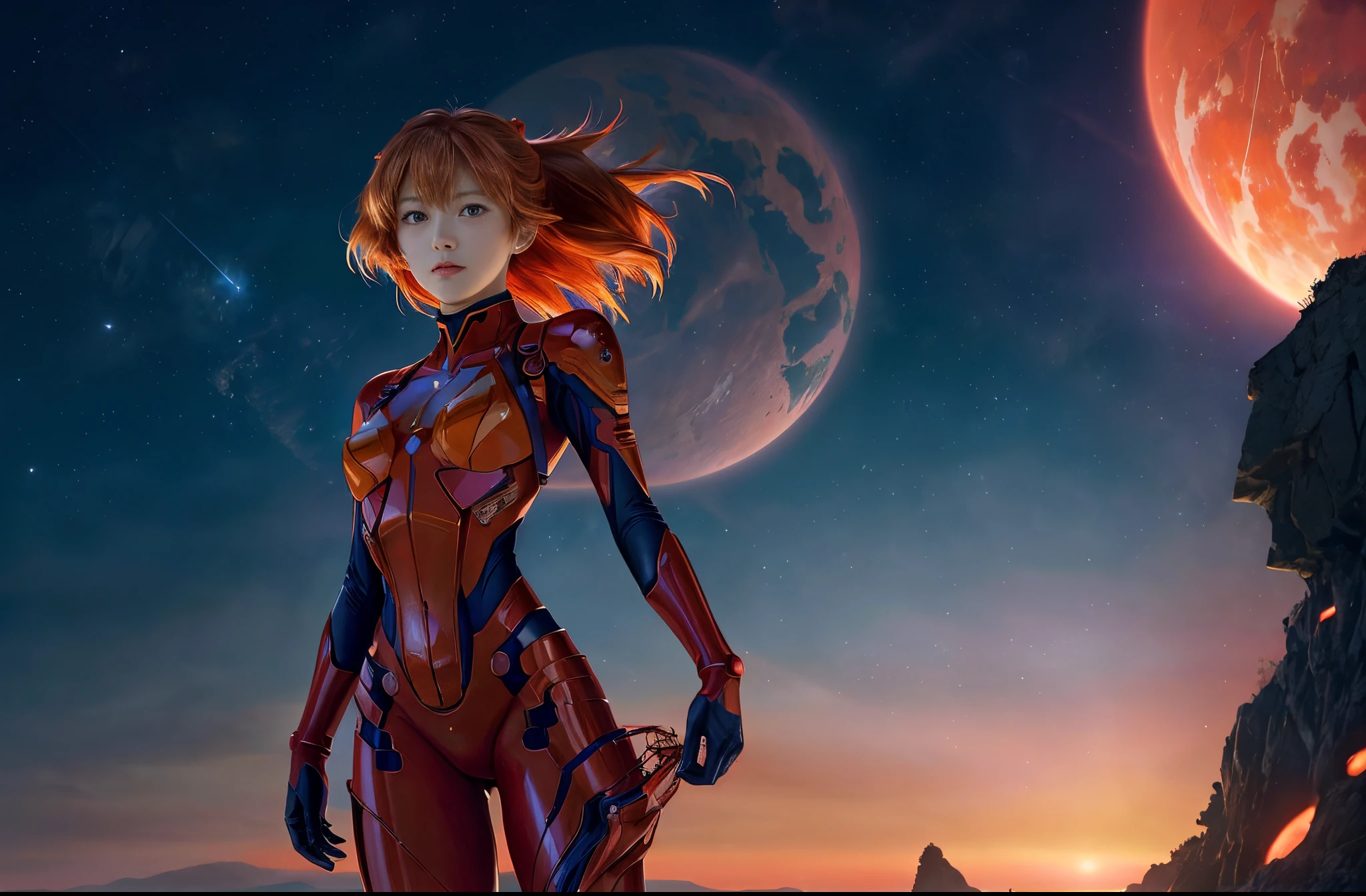 a close up of a woman in a red suit standing in front of a planet, asuka langley sohryu, asuka langley, asuka langley soryu, portrait of asuka langley soryu, beautiful asuka from evangelion, asuka langley souryuu, asuka from evangelion, asuka, portrait anime space cadet girl
