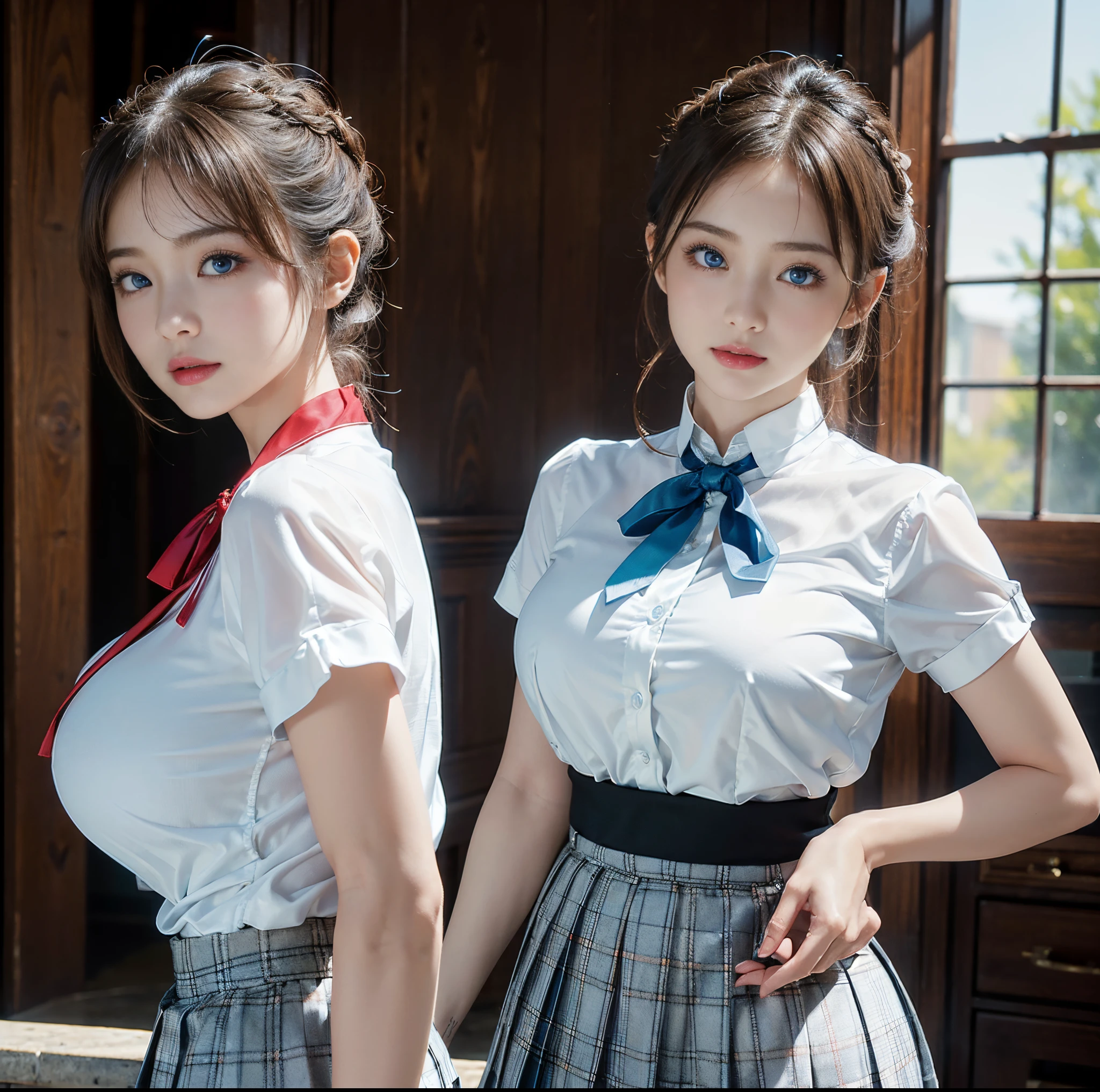 top-quality, 8K picture quality, masterpiece, Professional lighting without shadows, A hyper-realistic, perfect anatomia, Two girls, (with perfect body、Colossal breasts with tension:1.2), Whitens bright skin evenly, (Plump red tear bags and bright and beautiful blue eyes reflect a lot of light:1.2)、 She is wearing a crimson ribbon tie、A neat tight blouse made of ultra-thin white fabric、No skin is exposed on the upper body。, Dress up with a super short mini pleated tartan check skirt., (her skirt is too short:1.3), (Proudly showing off her taut huge breasts from the front through her blouse:1.2), (Another girl on the other side shows off her big ass from behind), ssmile, stare at each other