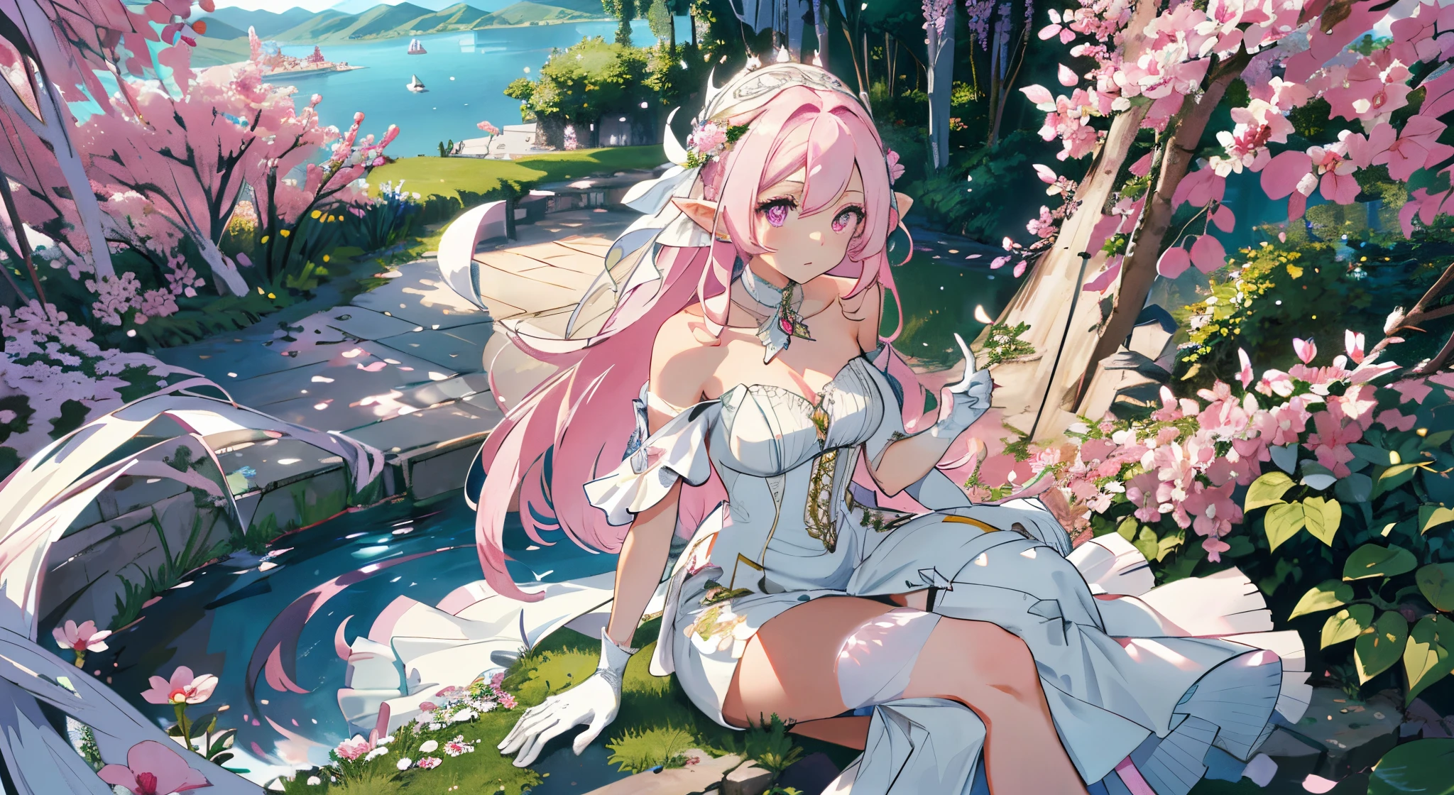 (very long hair, dress, white dress, large breasts, pink hair, 1girl, hair ornament, bare shoulders, white gloves, solo, gloves, pointy ears, elf, pink eyes, purple eyes, symbol-shaped pupils, diamond-shaped pupils, cleavage, boots, white footwear, petals, flower, crystal, bell, mountain, lake, nature, garden with landscape view