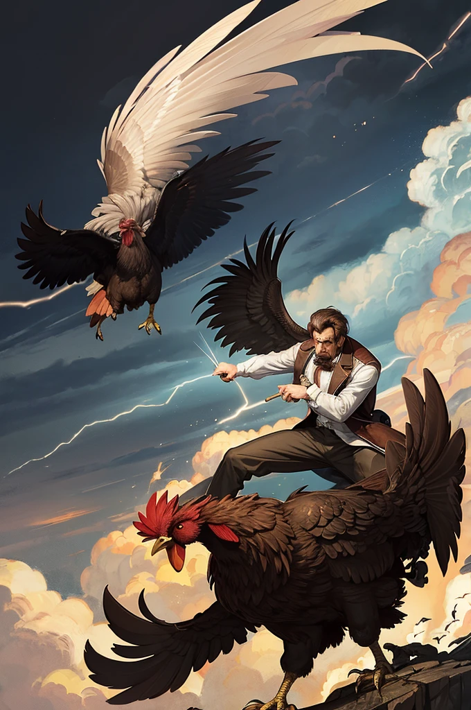 Abraham Lincoln fighting a rooster in a lightning storm, digital art