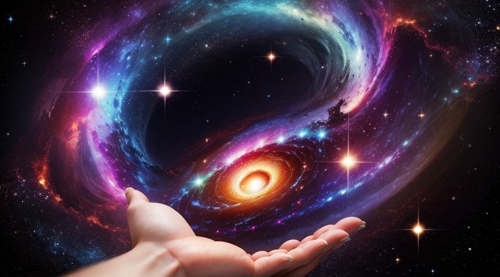 A hand holds a colorful galaxy.   The background is a black hole.