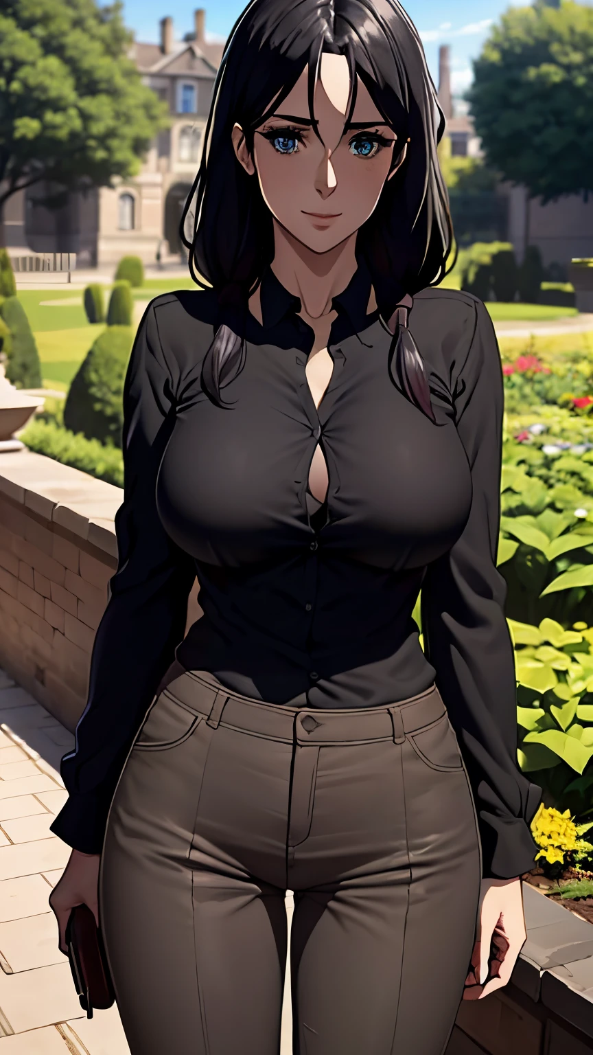 Long black hair,black colour suit and black shirt, mascular body,big sized boobs, standing,blue colour eyes,ultra realistic detailed blue eyes, beautiful and perfect face, sunlight and garden background, beautiful smile