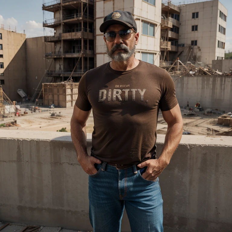 man, age 50 years, slim, beard and mustache, cap, sunglasses, brown t-shirt, dirty jeans, standing, full body, construction environment, realistic
