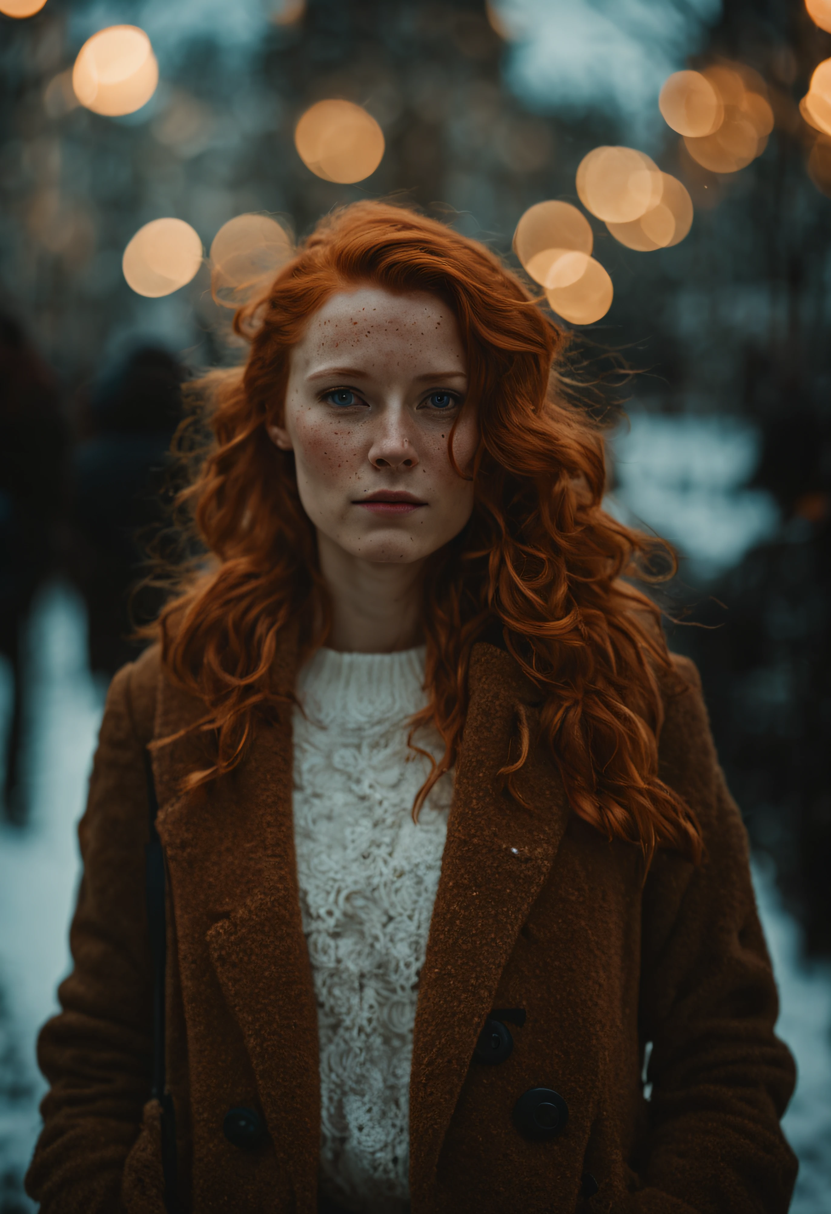cinematic photo (art by Mathias Goeritz:0.9) , photograph, Lush Girlfriend, Tax collector, Rich ginger hair, Winter, tilt shift, Horror, specular lighting, film grain, Samsung Galaxy, F/5, (cinematic still:1.2), freckles . 35mm photograph, film, bokeh, professional, 4k, highly detailed