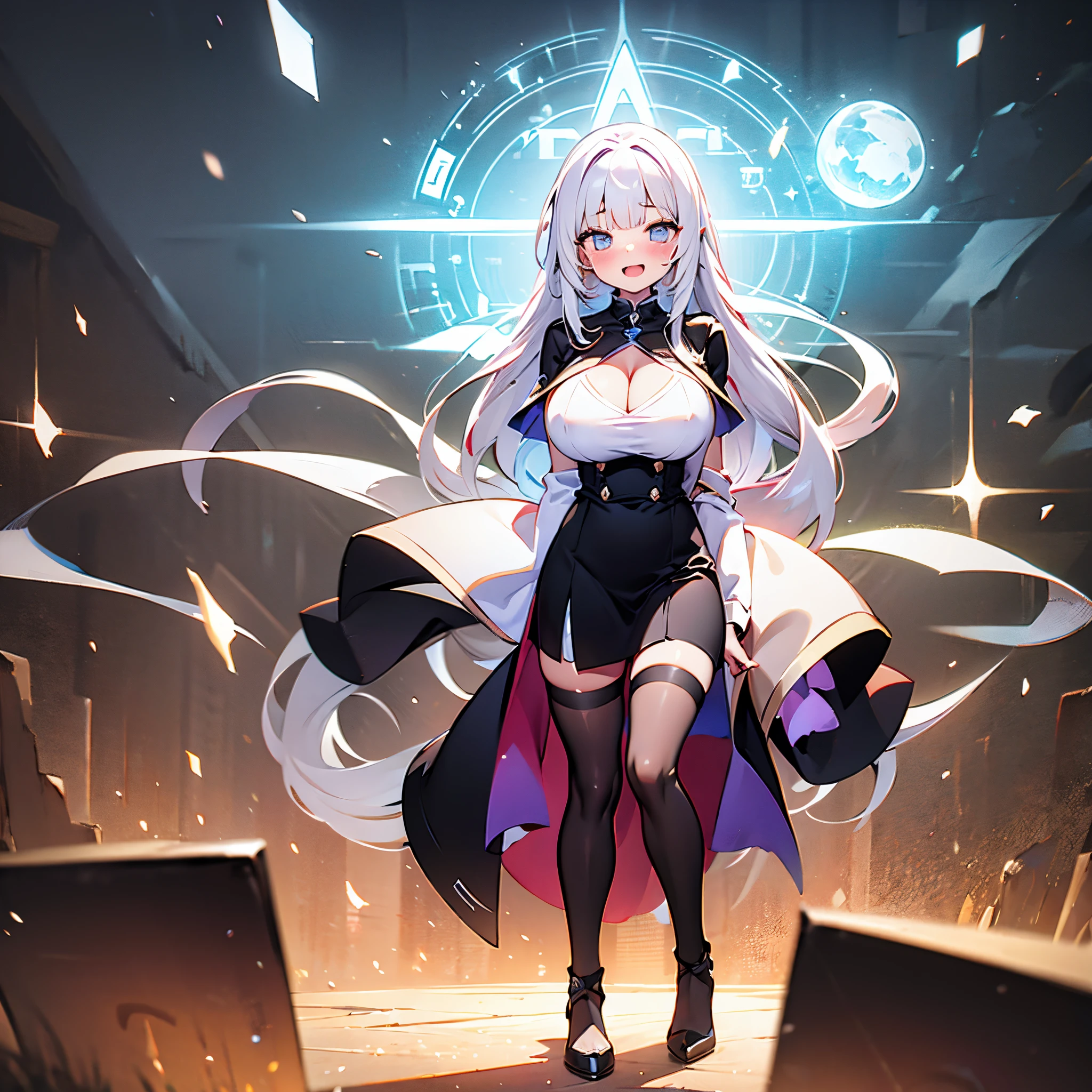 solo 1 thin (:1.1) standing, (straight back:1.1), (disproportionately gigantic perky breasts:1.4), (show off full cleavage:1.3), (frilled white shirts with open chest wide), shirts with cleavage cutout, BREAK, large eyes, rainbow glowing pupils, BREAK, (thin long legs:1.3), too thin waist, arms behind back, BREAK, (absurdly long white straight hair:1.4), blunt bangs, BREAK, (long black thighhighs:1.5), BREAK, (short black capelet:1.2), (short black high-waist skirt:1.2) cinches waist tight, BREAK, smile for viewer, (nose blush:1.1), open mouth, full body, magic circles, landscape