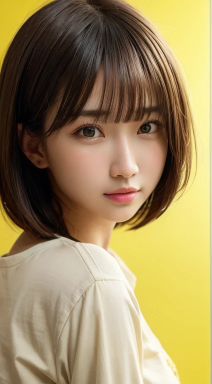 masterpiece, top-quality, 8K, absurderes, (The upper part of the body:1.4), white shirt, beautiful a girl, Clean face, looking at the viewers, a smile, A hyper-realistic, hight resolution, a picture, film grains, chromatic abberation, foco nítido, HDR, face lights, Dynamic lighting, 电影灯光, Professional Shadows, simple background, (Dull yellow background:1.4), highestdetailed, ighly detailed, ultra-detailliert, finely detail, authentic skin, delicated facial features, detailed faces and eyes, Sharp pupils、Realistic pupils、twintails hair style,
