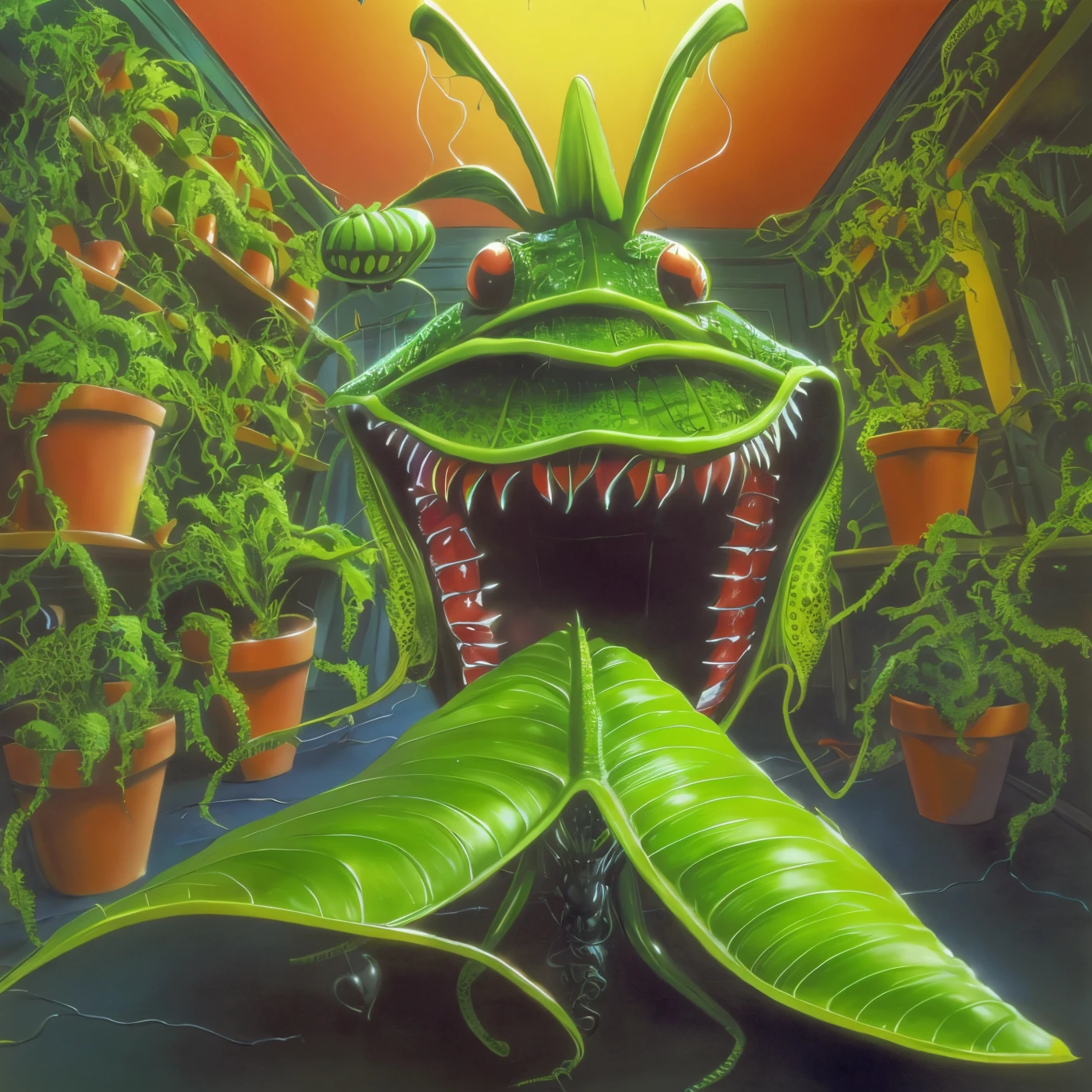 Little Shop of Horrors,Andrey ll,Giant Venus flytrap with a big mouth ,vines all across the room,a vine wrapped on to you,about to eat you,(((goosebumps art by tim jacobus)))