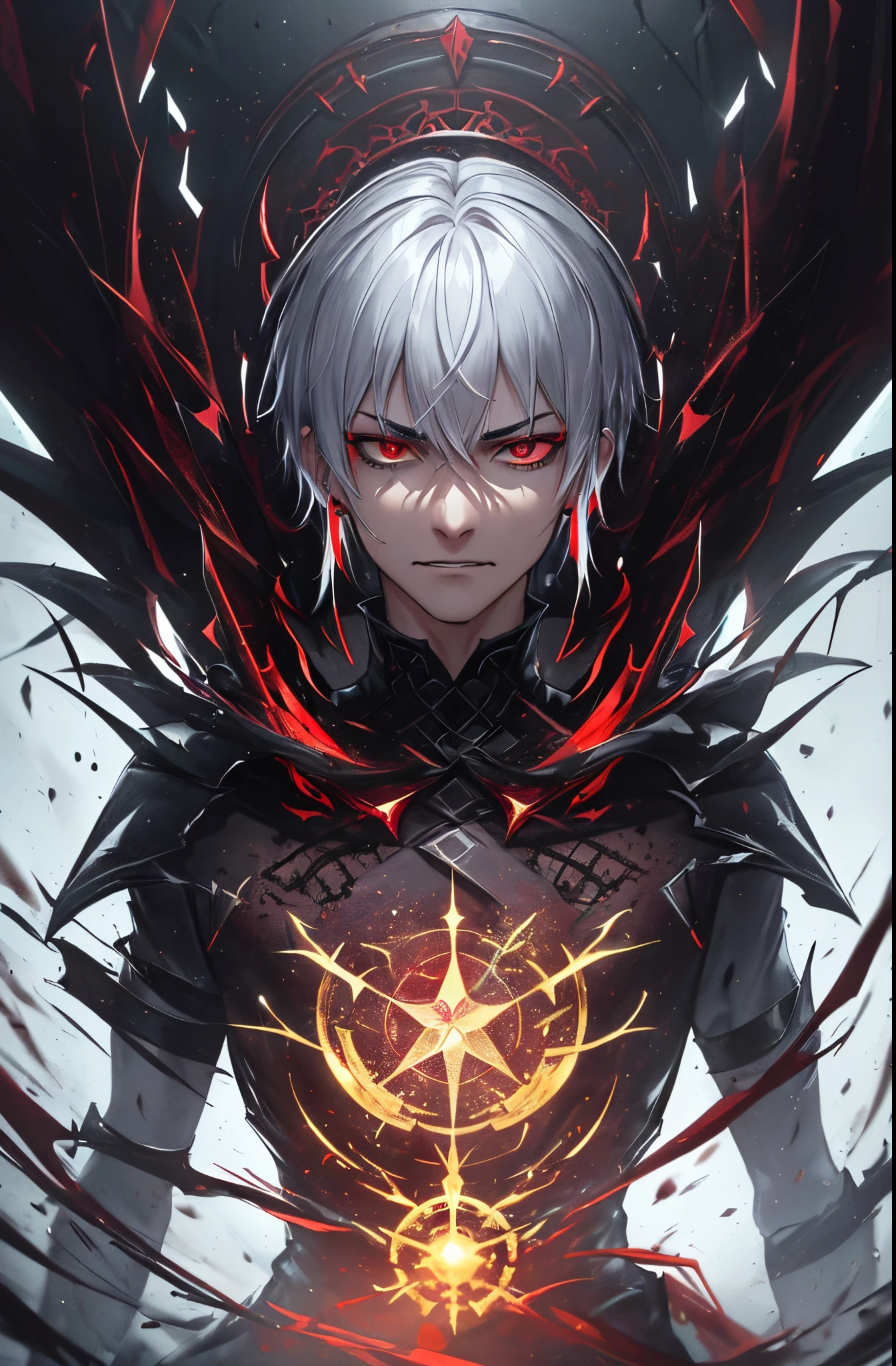kk, best quality, more details, masterpiece, portrait, 1boy, male focus,  (evil:1.2),(from below:1), male focus, solo, smile, kaneki ken, heterochromia, black sclera, colored sclera, white hair, red eyes, looking at viewer, grin, portrait, bangs, short hair,dark energy, colorful, vibrant colors, portal to another world, side view, face_focus, zoomed_face, zoomed_in, bokeh,
bloody, evil, dark,moody, spooky background, villian, colorful, beautiful,
ultra realistic, intricate details, elegant, hyper realistic, tonemapping, hyperfocus, sharp focus, [volumetric lighting],photorealistic realistic, luxurious, 8k, detailed, ray tracing, depth of field, cinematic lighting, small gold particles,