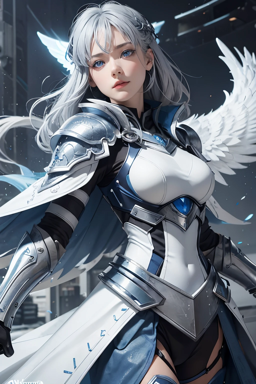 Guardian on heaven,blue eye,grey hair,grey wing,white and blue armor