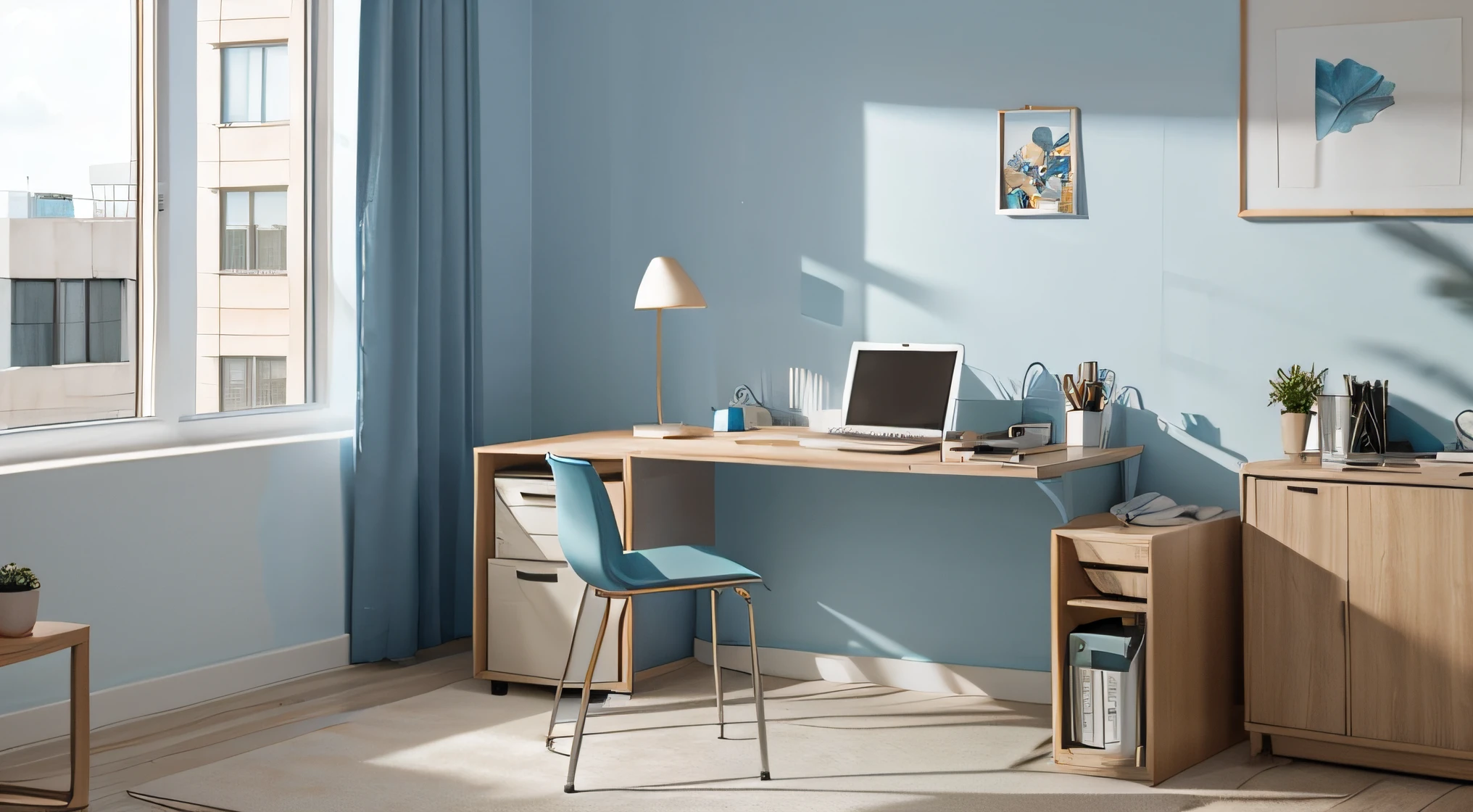 office with medium colors and a soft blue light in the background