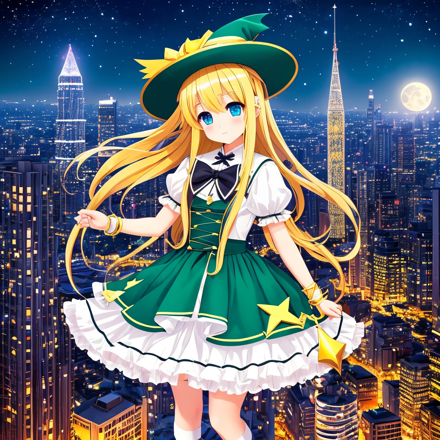 A cute 15 years old magical girl, drawn in anime style, fantastic, bishojo, jade green eyes, very long yellow hair, small breast, witch hat, a cute blue magical dress with puffy sleeves and star pattern, ribbons, pair of small wings on her back, striped black and white pantyhose, silver bracelet, high hell boots, holding a magic wand, standing on top of a skyscraper, big city on horizon, full moon in the starry sky, masterpiece, highly detailed, 4K.