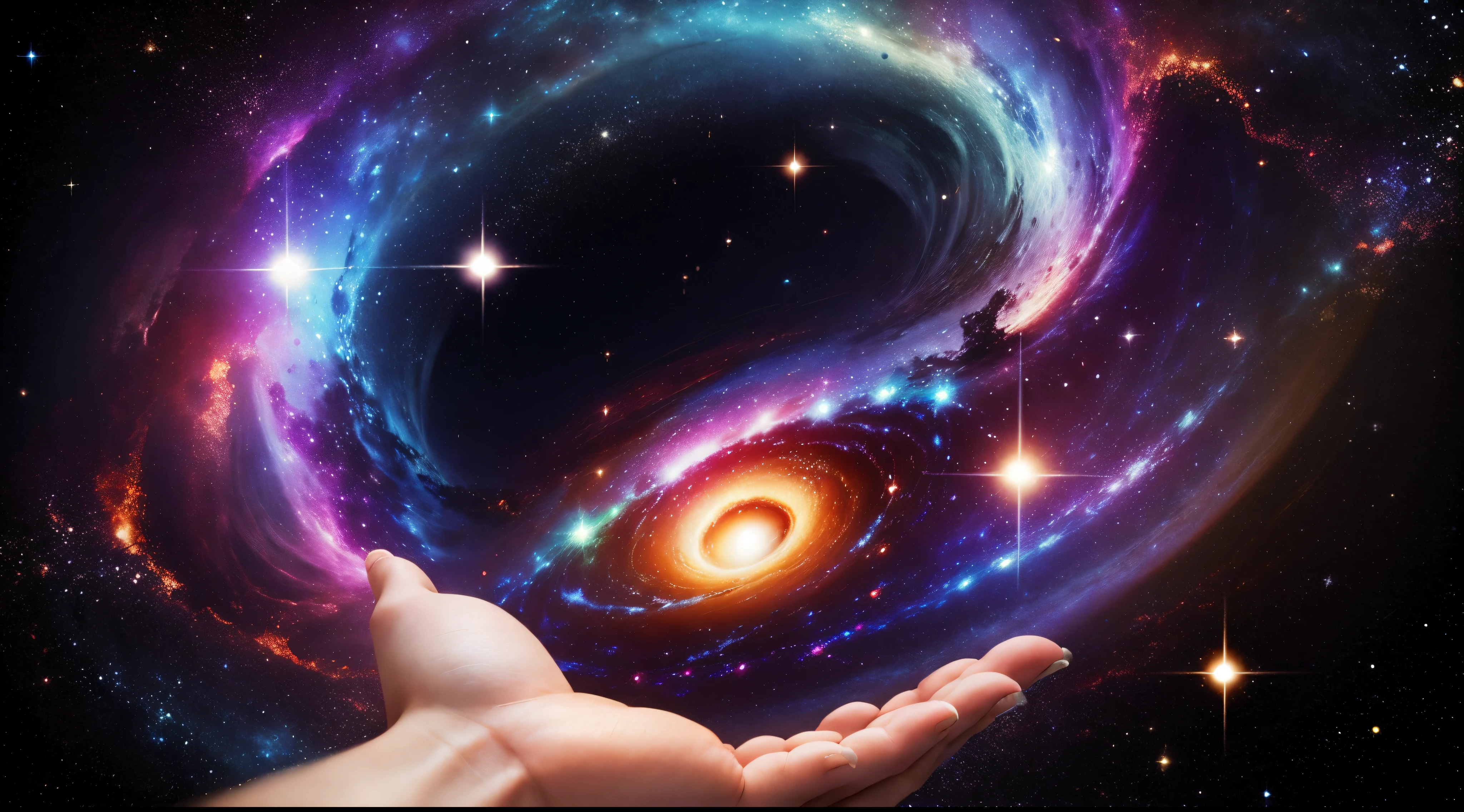 A hand holds a colorful galaxy. The background is a black hole.