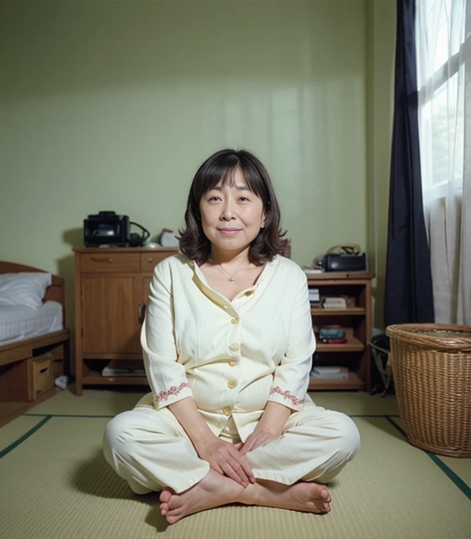 ((top-quality、8K分辨率、Master masterpiece、Portrait:1.3)), Photorealsitic, 35㎜ film, 1 Japan Woman, Beautie, 67 years old, Wavy Hair, Wrinkles at the corners of the eyes, Obese body, ((bra very、panties on :0.5)) , a very messy room,  The floor is scattered, Jumbled background, Old house,Sit with your legs open，