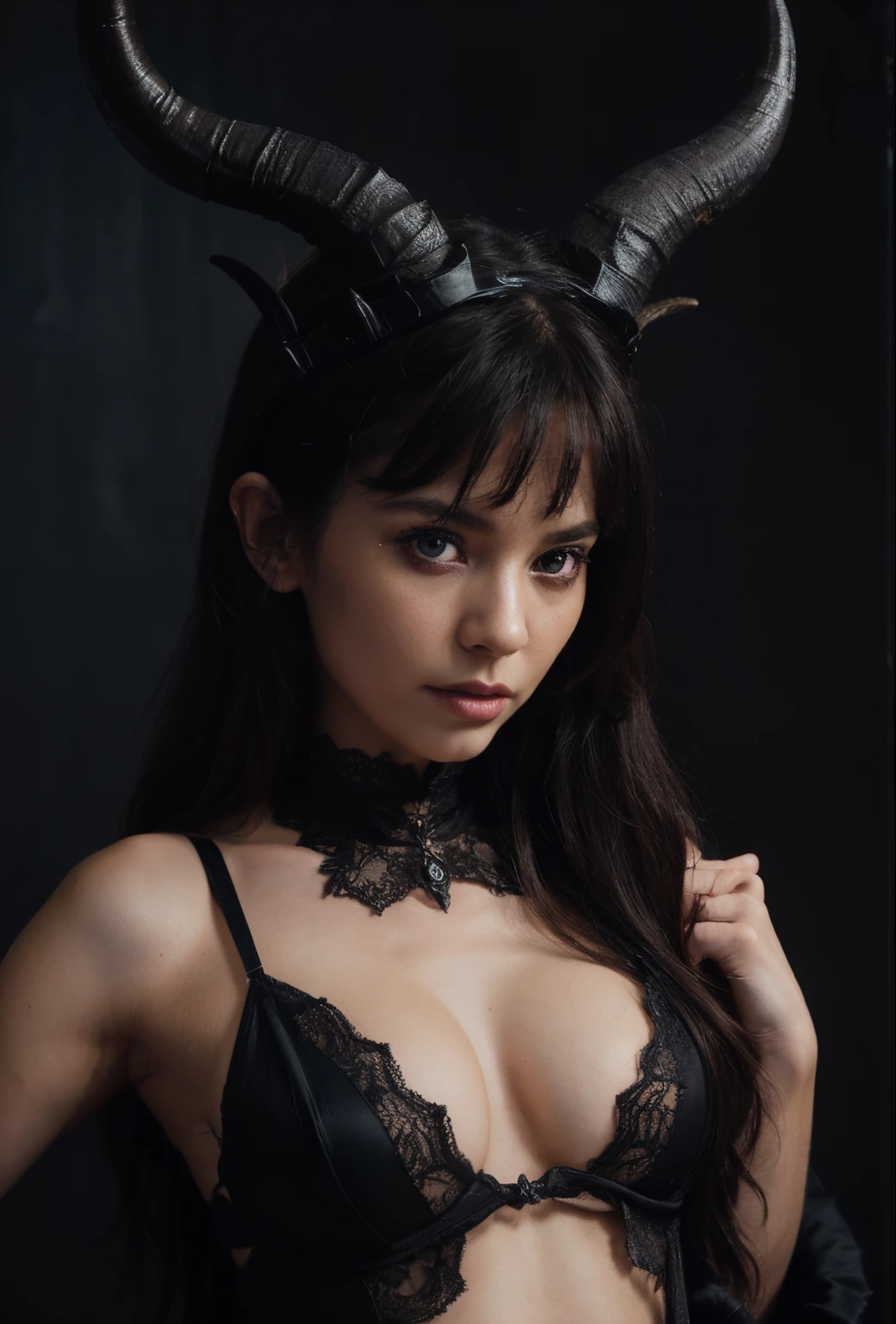 breathtaking demon woman with horns dressed in sexy lingerie posing for a photo in a studio, minimal background, no makeup, no dressed up, bizarre fashion photography, ultra detailed, masterpiece.