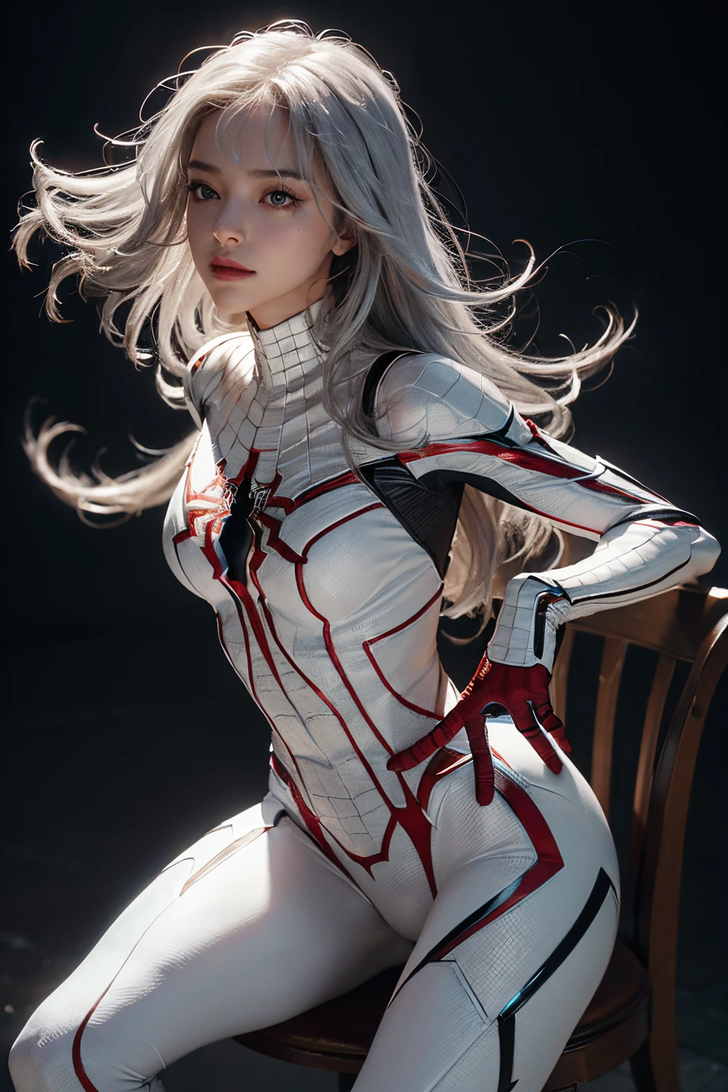 (Extreme Detail CG Unity 8K wallpaper、masterpiece、top-quality)、(exquisite lighting and shadow、highly dramatic picture、cinematic lens effects)、Cute girl in white Spider-Man costume、Silver-gray hair color、Spider-Man Parallel Universes、Wenger、Marvel、spider-man、Dynamic and dynamic poses)、(excellent details、outstanding lighting、wide angles)、(Excellent rendering、Enough to stand out in its class)、 White Spider-Man costume、Focus on complex spider textures