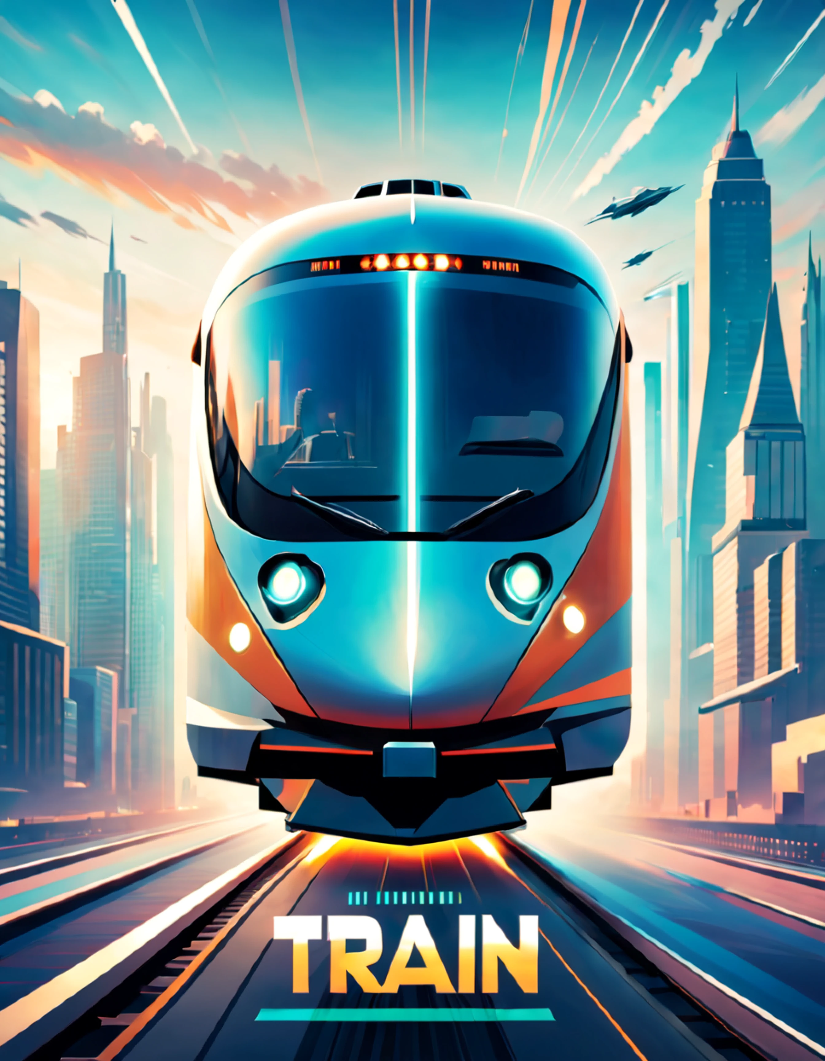 Movie Poster - poster of a movie with the big title "Train", awe-inspiring front view of a sleek, high-speed futuristic train as it races through a breathtaking cityscape, the train exudes a sense of power speed and cutting-edge technology, the cityscape is a futuristic metropolis with towering skyscrapers and advanced infrastructure conveying a sense of a vibrant and fast-paced world, the poster should capture the excitement and anticipation of an epic sci-fi adventure