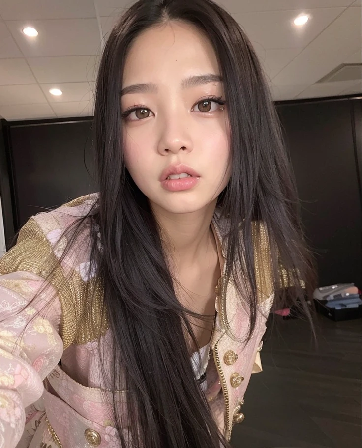there is a woman that is taking a selfie with her cell phone, menina coreana, olhos cinzas e cabelos ruivos