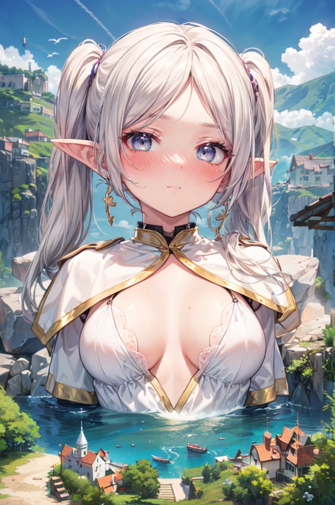 (giantess:1.2), hills, cliffs, fantasy
AND (1girl:1.8), giantess, breasts, cleavage, happy, naked, (below view: 1.2), from below, tiny breasts, (face and breasts closeup: 1.5), looking down, (yuri:1.5), (1girl:1.8), giantess, expressionless, cleavage, happy, naked, (below view: 1.2), from below, (tiny breasts: 1.4), (face and breasts closeup: 1.5), looking down, (yuri:1.5), bra, upper body, frieren, 1girl, long hair, pointy ears, twintails, jewelry, elf, earrings, capelet, white capelet, long sleeves, parted bangs, dress, belt, flower
 a (medieval town from sky view on a cliff: 1.4), (stone town from sky view on a cliff: 1.1), cliffs from sky view, landscape from sky view, (medieval village from sky view: 1.2), Fantasy_Cityscape_Background(A high resolution，ultra-delicate，best quality, masterpiece, Best quality at best), NFSW, absurderes, high resolution, ((best quality)), ((ultra-detailed)), beautiful face, (shiny_skin:1.2)