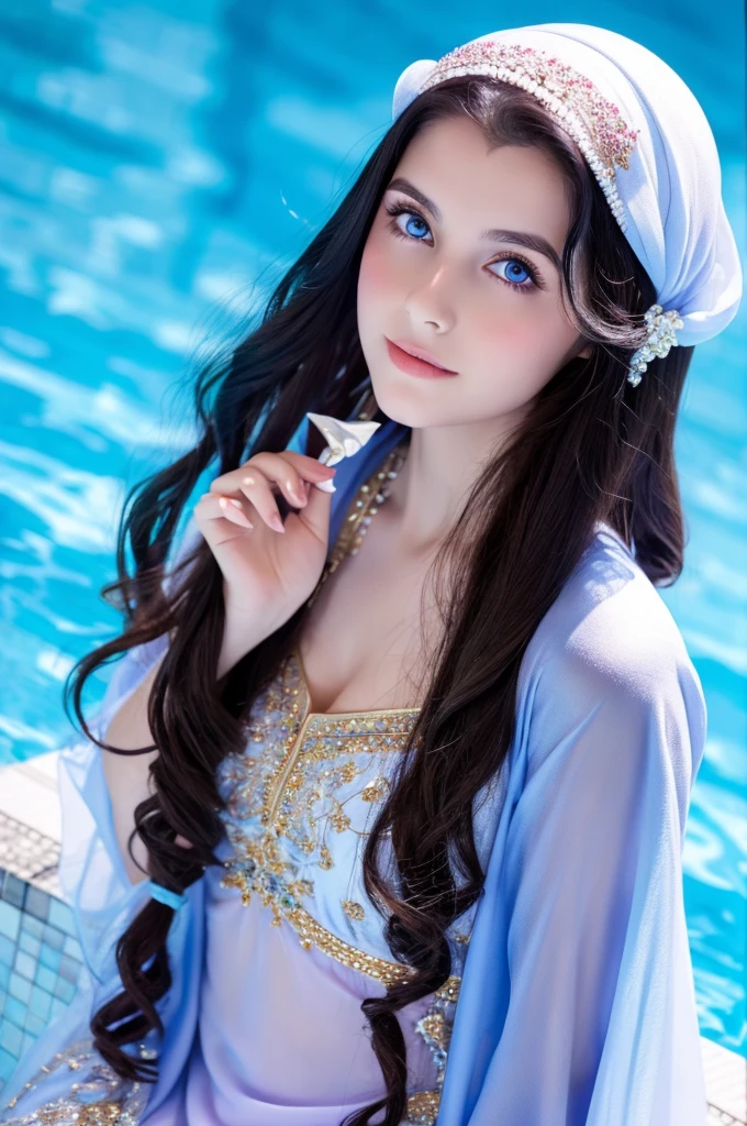 Girl with Dark long hair and piscine blue eyes and in Arabian clothes