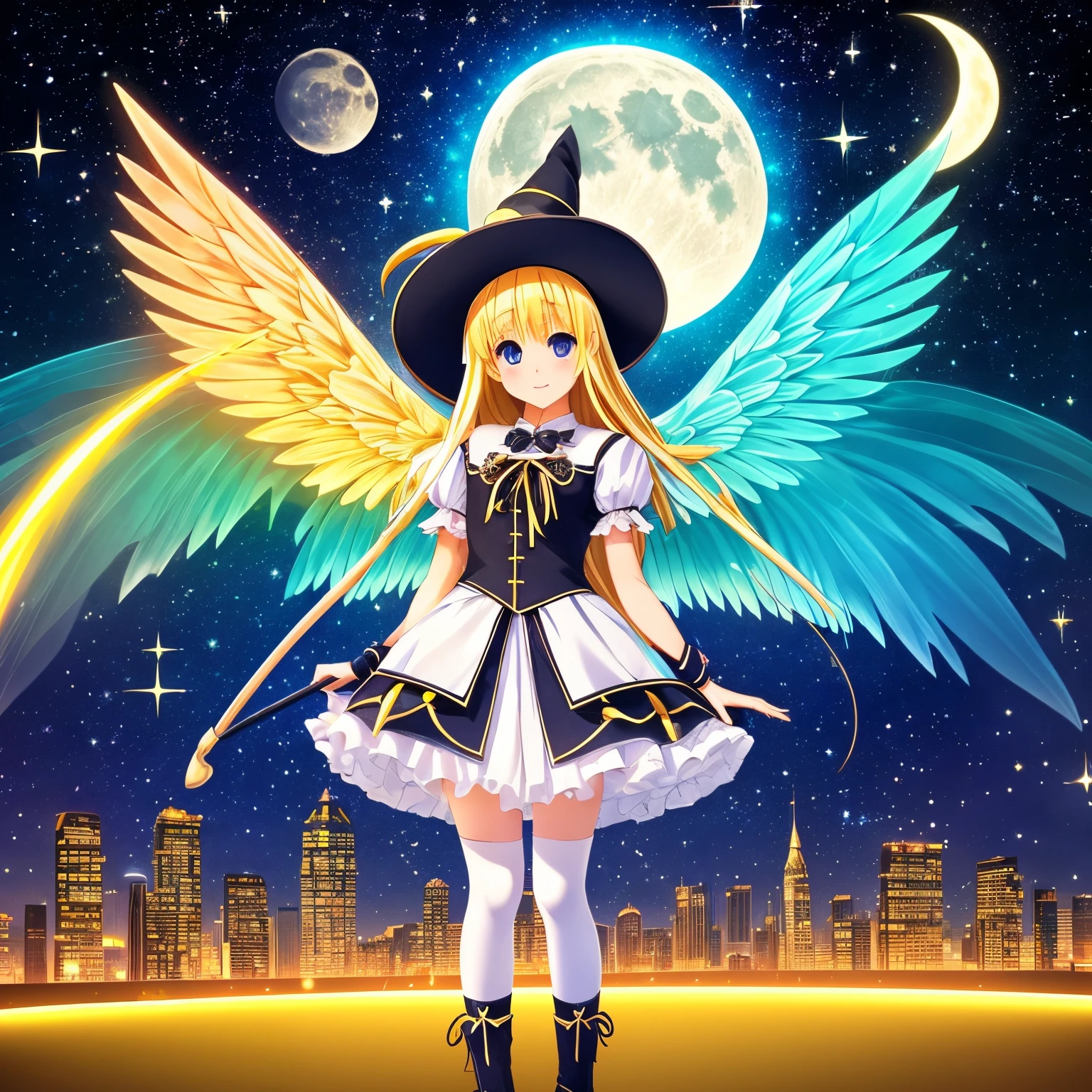 A cute  magical girl, drawn in anime style, fantastic, bishojo, jade green eyes, very long yellow hair, small breast, witch hat, a cute blue magical dress with puffy sleeves and star pattern, ribbons, pair of small wings on her back, striped black and white pantyhose, silver bracelet, high hell boots, holding a magic wand, riding a flying broom, big city on horizon, full moon in the starry sky, masterpiece, highly detailed, 4K.