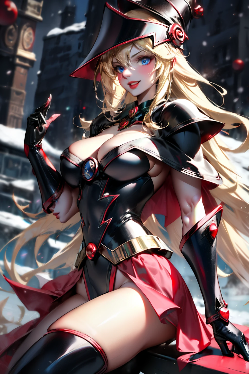 Black Magician Gil, sportrait, fit derrier, blue eyes. extra long blonde hair. red-lips. christmas suit, smiling, Sexy. city snow background.