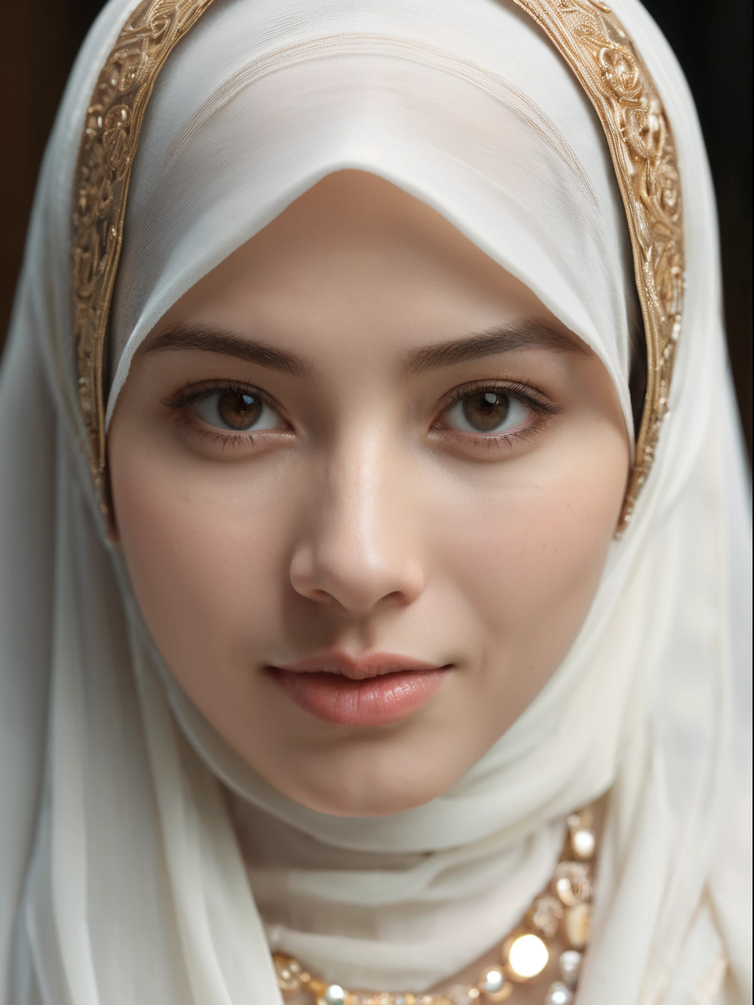 best quality, masterpiece, highres, moslem female dress, necklace, Beautiful face, upon body from head to waist, tyndall effect, photorealistic, dark studio, rim lighting, two tone lighting, 8k uhd, dslr, soft lighting, high quality, volumetric lighting, candid, Photograph, high resolution, 4k, 8k, Bokeh, (hyperrealistic girl), (illustration), (high resolution), (extremely detailed), (best illustration), (beautiful detailed eyes), (best quality), (ultra-detailed), (masterpiece), (wallpaper), (photorealistic), (natural light), (rim lighting), (detailed face), (high detailed realistic skin texture), (anatomically correct), (solo), (1 girl), (heterochromic eyes), (detailed eyes), (sparkling eyes), (long legs), (big breasts), (dynamic pose), (closed tiny mouth:1.3), (concentrated expression), (wearing hijab:1.4), moslem headscarf.