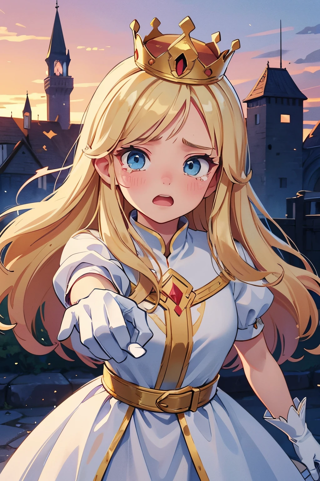 19 years old, long blonde hair, long light blue clothing, white fabrics, light blue eyes, golden crown on her head, white gloves. Medieval times. Destroyed castle background, on fire, sunset. She is reaching out to someone with tears on her face, asking for help.